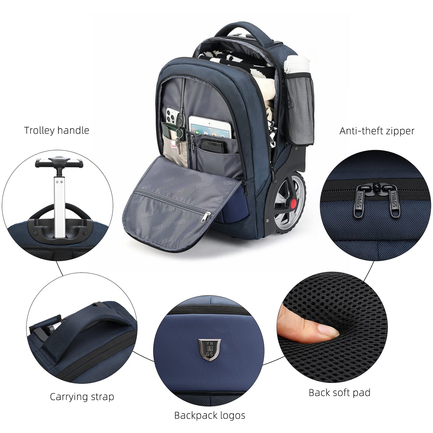 Rolling Backpack, Waterproof Backpack with Wheels for Business, Travel Commuter, Carry on Backpack with Laptop Compartment, Fit 15.6 Inch Laptop, Wheeled Backpack for Adults Women Men (Blue, 20inch)