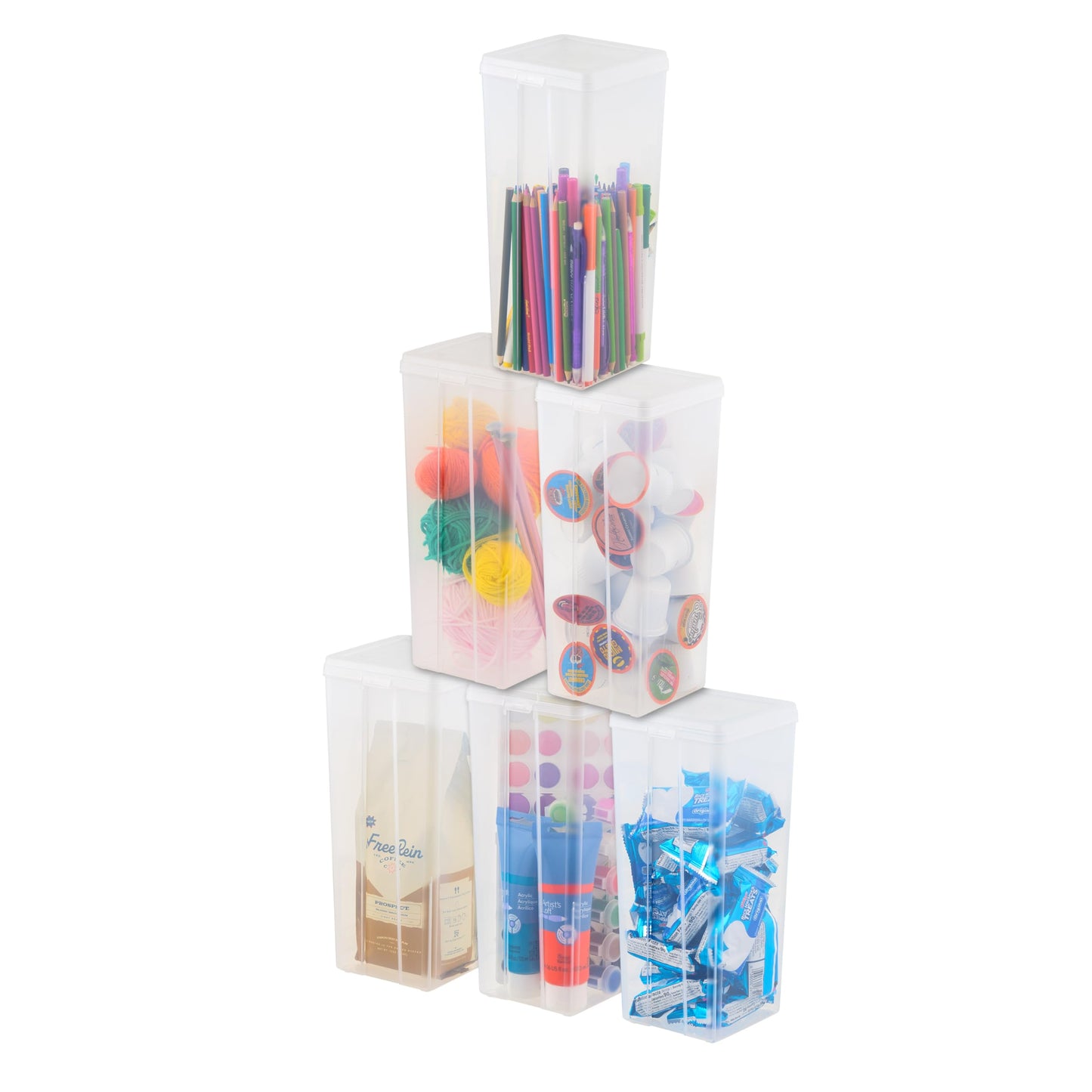 IRIS USA Large Vertical Storage Container for Home & Office Organization, Big Capacity Stackable Plastic Bin for Stationery, Pantry, Cosmetics & More, Space-Saving Tall Organizer, Clear, Pack of 6