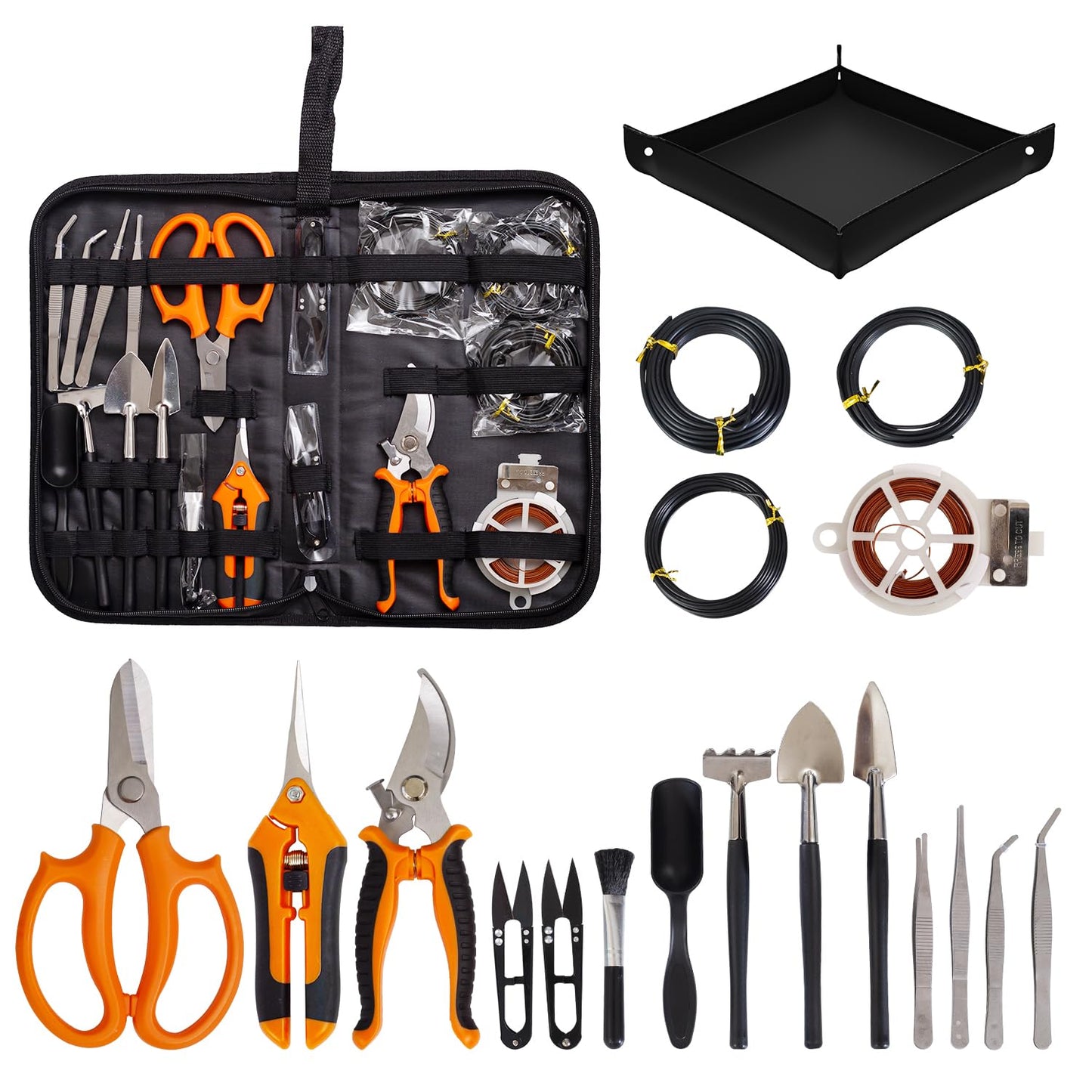 Bonsai Tools Kit 20 Pcs Garden Tools Set for Beginner, Includes Bonsai Wire Kit, Plant Mat, Pruning Shears, Bonsai Scissors, Succulent Tools in Leather Storage Bag, Gardening Gift for Women Men