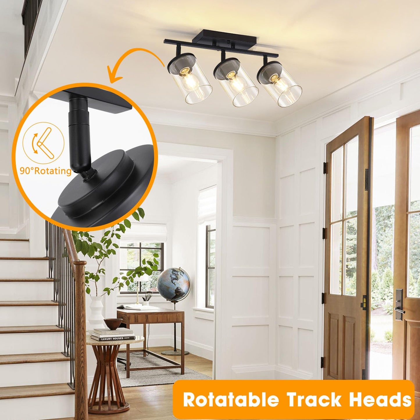 FadimiKoo 3-Lights Semi Flush Mount Ceiling Light, Adjustable Kitchen Light Fixtures Ceiling Mount with Clear Glass Shades, Rotatable Black Track Lighting Fixtures for Hallway, Foyer, Bedroom