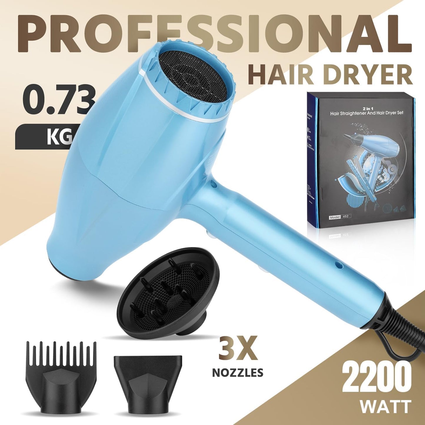 Flat Iron and Blow Bryer Set, 2200W AC Motor Fast Drying Low Noise Ionic Hair Dryer with Diffuser Nozzle Concentrator Comb for Women Curly Straight Hair, Titanium Hair Straightener and Curler 2 in1