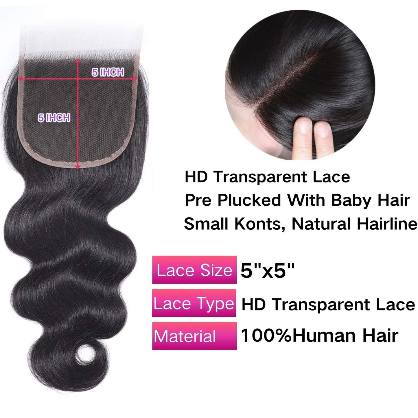 5x5 Hd Lace Closure Human Hair Closure Body Wave Hair Closure For Black Women 5x5 Lace Frontal Closure 12A Virgin Remy Human Hair Hd Closure Pre Plucked Human Hair Extension Natural Black 18 Inch