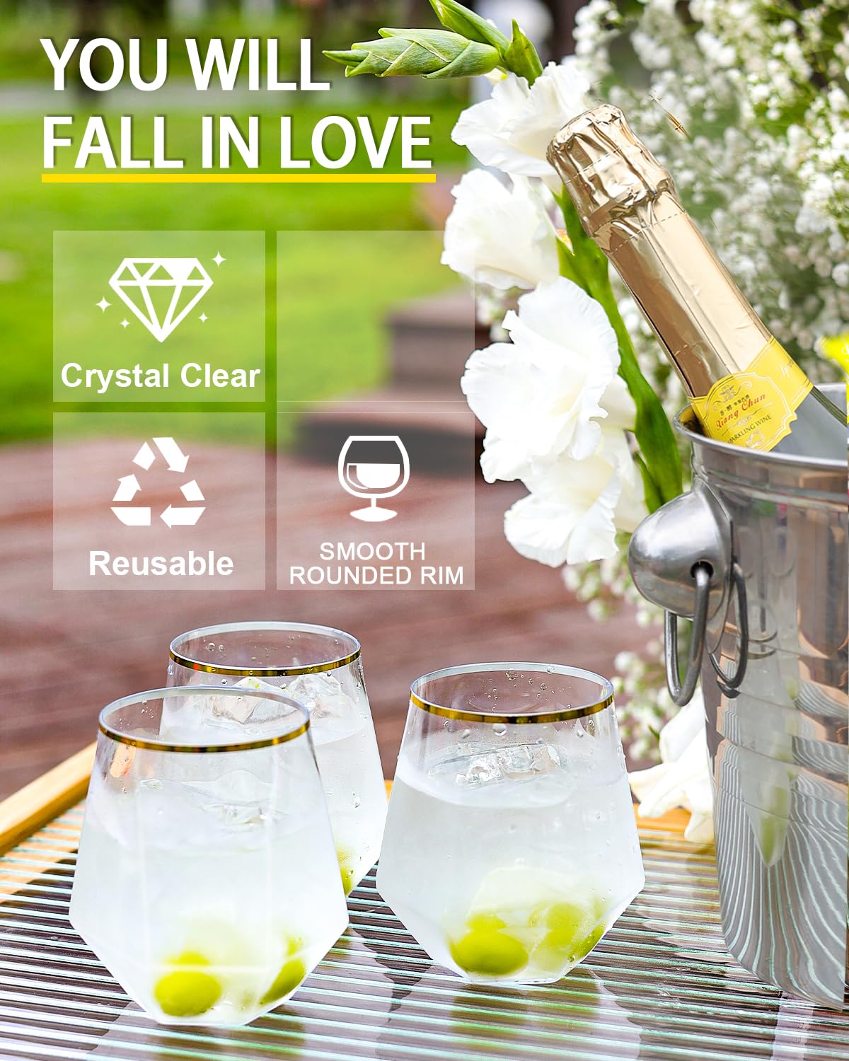 Maaacute 40 Pcak Plastic Stemless Wine cocktail Whiskey Champagne Glasses, 12 Oz Gold Rim Disposable Clear Unbreakable Cups for Party Bars Wedding Tasting (Diamond-shaped)