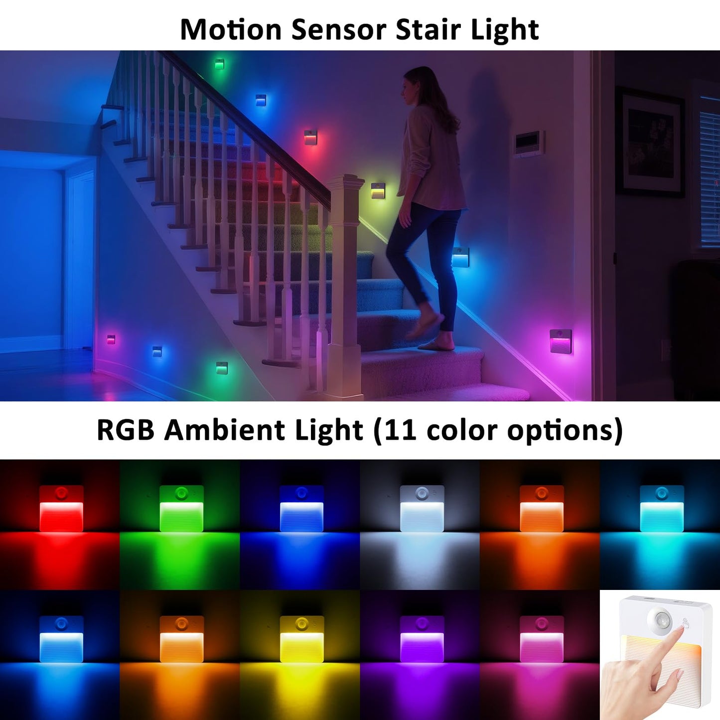 Guankai 16 Pack Rechargeable Motion Sensor Stair Light for Indoor, RGBW Battery Operated Closet Lights, Stick On Night Lamp, Motion Activated Magnetic Lighting Lamps for Step,Cabinet,Hallway,Bathroom