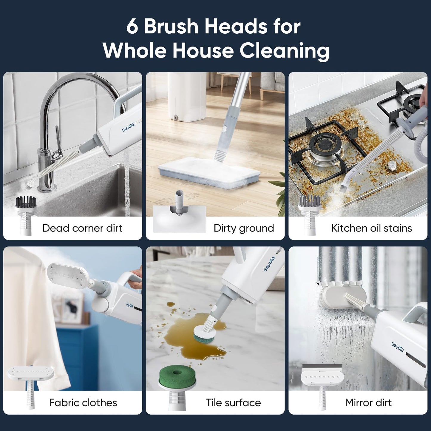 Seyola Steam Mop for Floor Cleaning, Steam Cleaner for Home with Handheld 6-in-1 Multi-function Attachments for Hardwood Floors, Clothes, Windows, Tiles Grout, Furniture Cleaning (White-Gray)