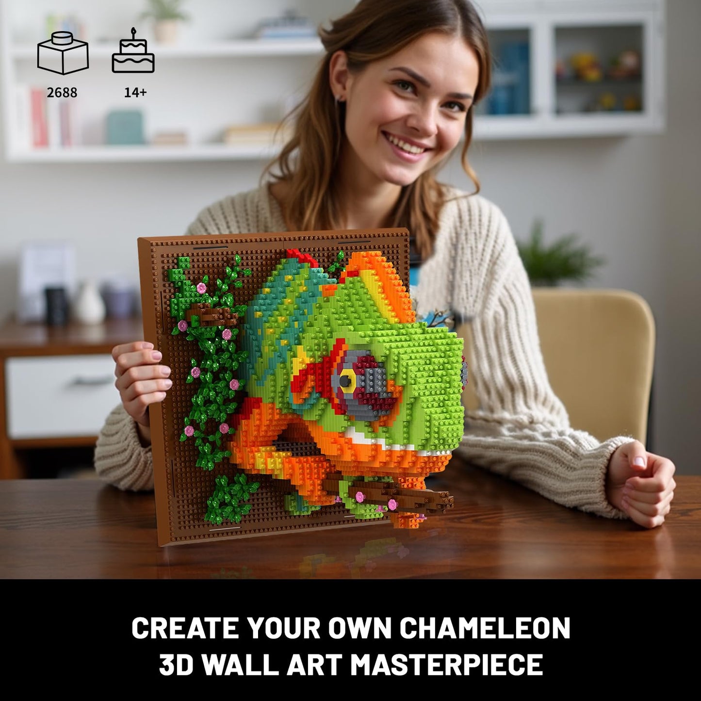 Chameleon Animal 3D Wall Art Micro Mini Building Blocks Set for Adults, Unique Home Wall Decor or Table Display, No Compatible with Lego, Ideal Birthday Christmas Toy Gift for Teens (2688 PCS)
