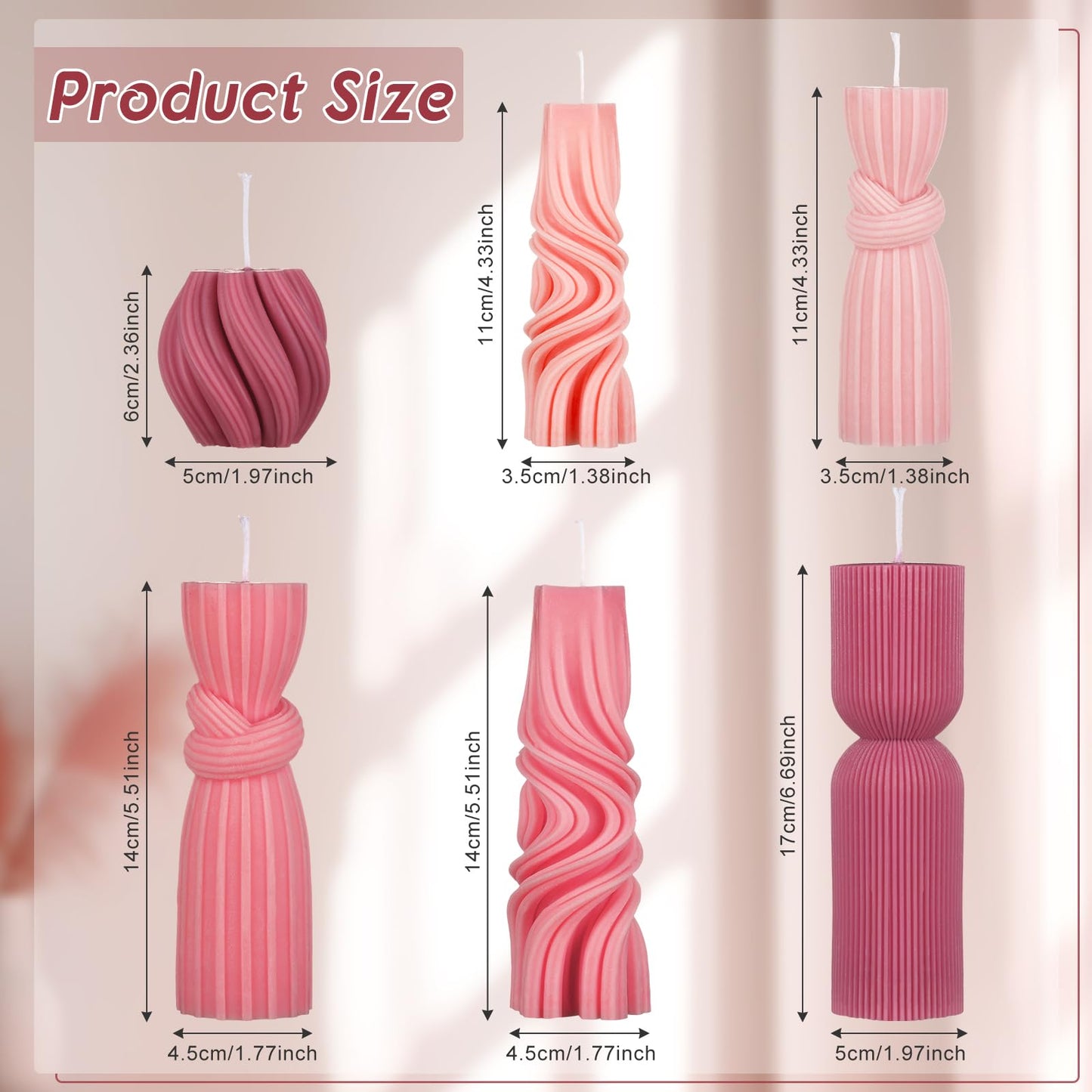 Threlaco 6 Pcs Pillar Candles Modern Aesthetic Ribbed Decorative Candle Set Cute Soy Wax Scented Ribbed Decor for Home(Pink,2.36-6.89 Inch)