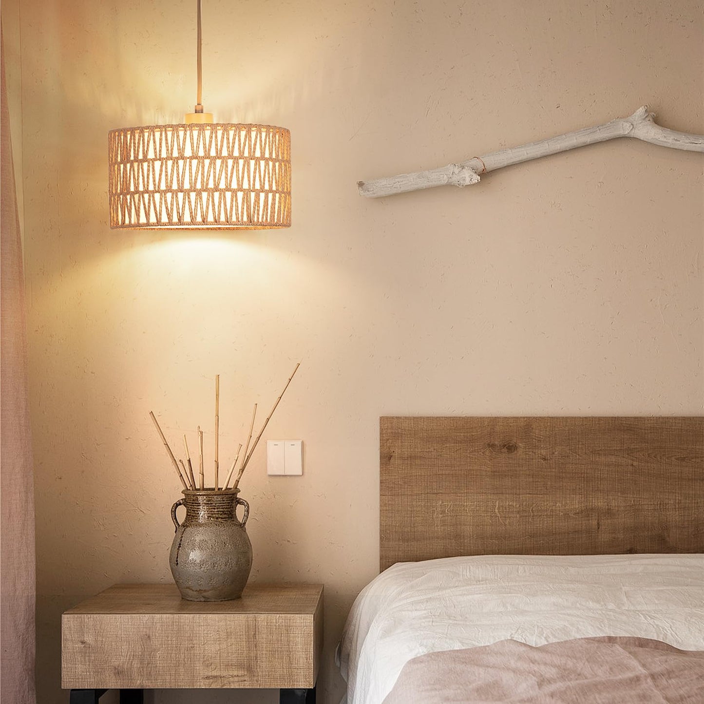 Plug in Pendant Light Rattan Hanging Lamp, Boho Hanging Lights with Paper Woven & Fabric 2 in 1 Shade, 3-Way Dimmable Bulb Included, Ceiling Light Fixture for Living Room,Bedroom,Farmhouse