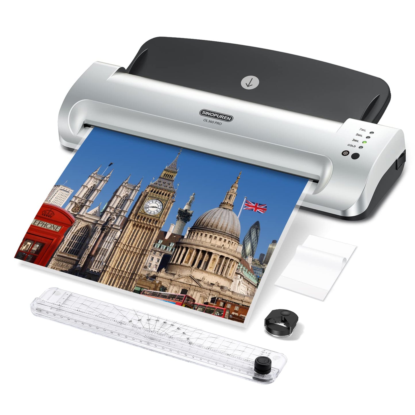 SINOPUREN 13-Inch Thermal & Cold Laminator Machine, Quick Warm-Up, 3 Temp Settings, Jam-Free ABS, Built-in Paper Trimmer & Corner Rounder, 10 Laminating Pouches, for Home Office School