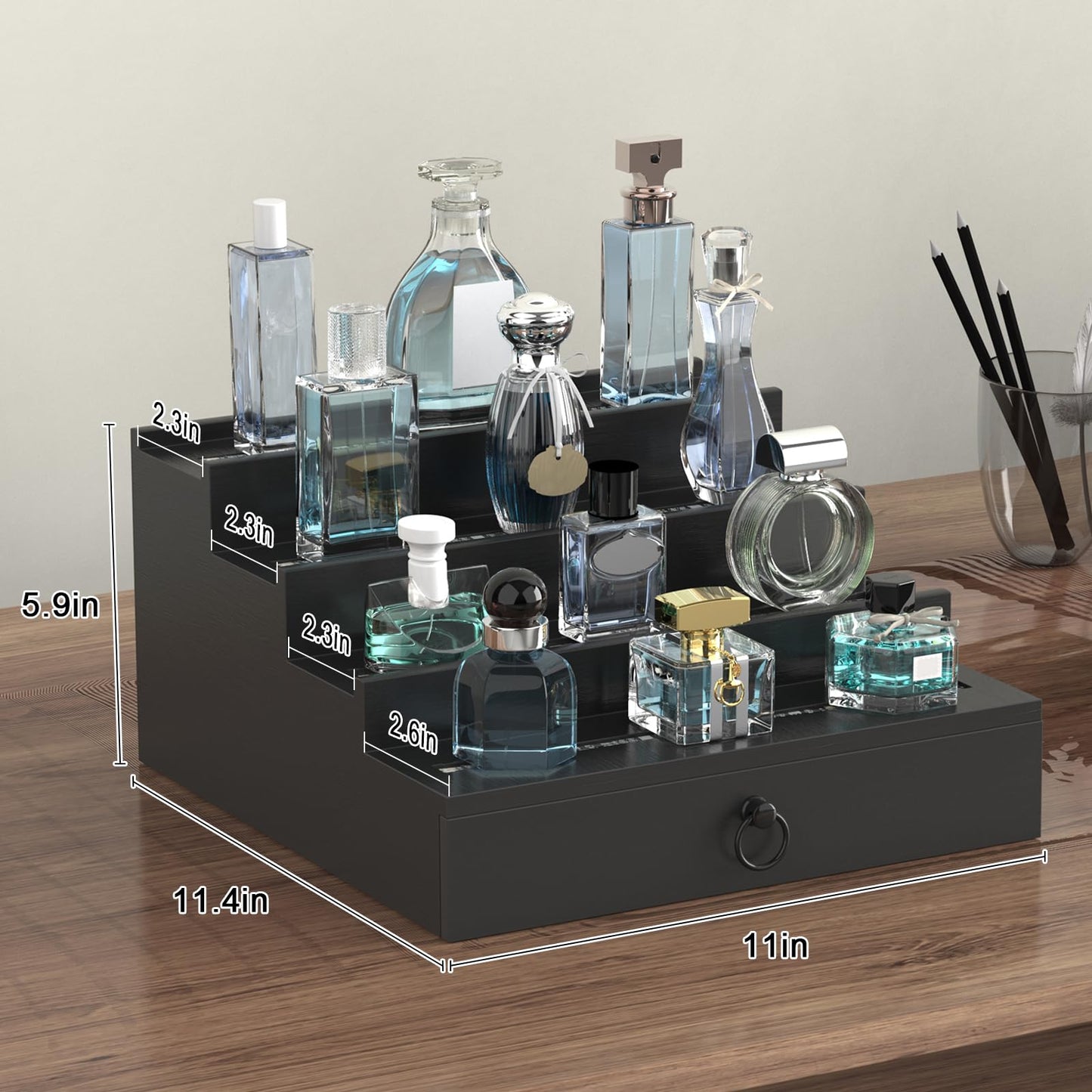LED Lighted Cologne Organizer for Men, 4 Tier Wood Perfume Organizer with Velvet Lined Drawer, Multi Lighting Modes Perfume Display Holder with Remote Control, Cologne Shelf Stand, Nice Gift for Men