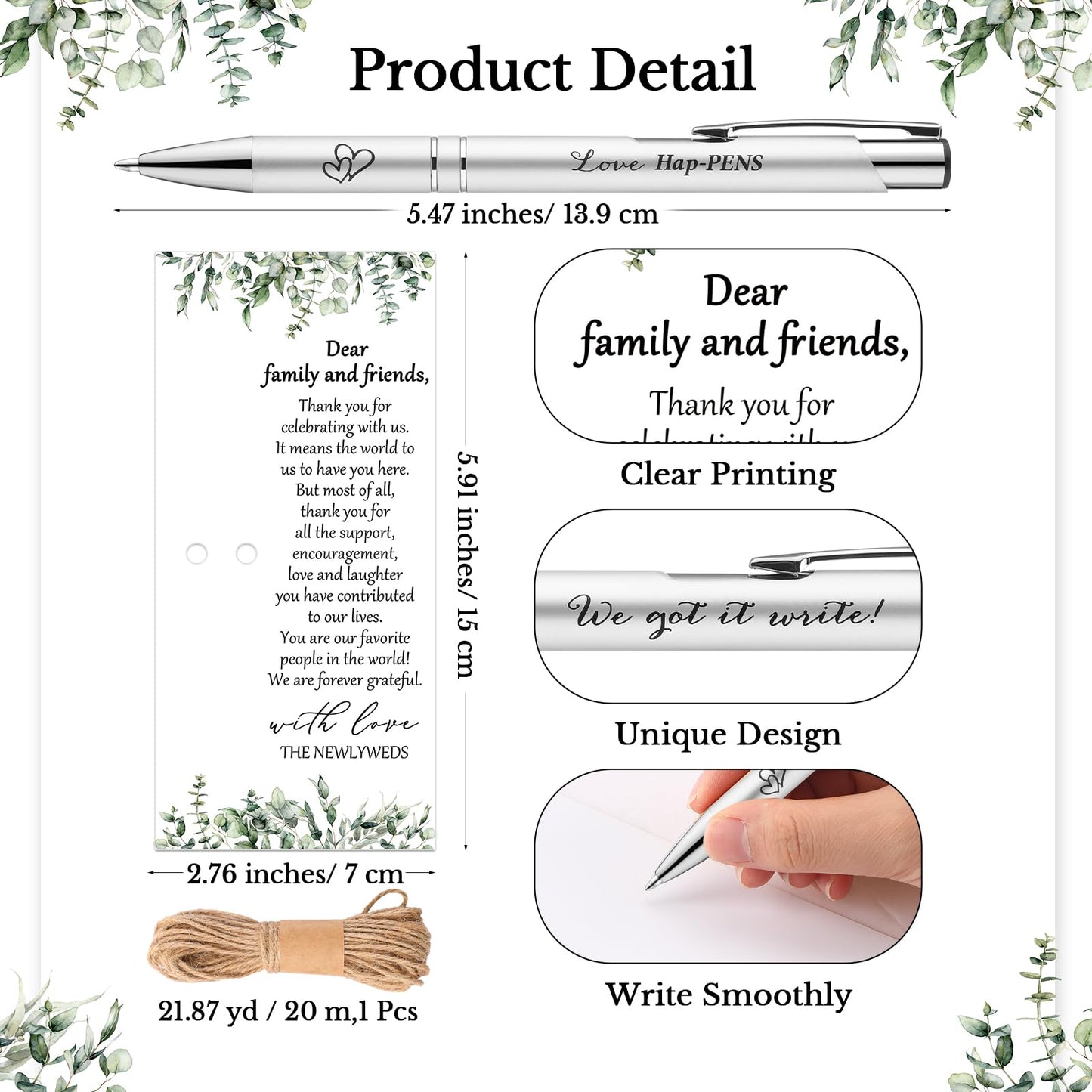 Humyoun 50 Sets Wedding Favors for Guests Includes 50 Black Ink Retractable Ballpoint Pen 50 Thank You Cards 50 Organza Bag with Hemp Rope Bridal Shower Favors Bridal Shower Gifts for Party Supplies