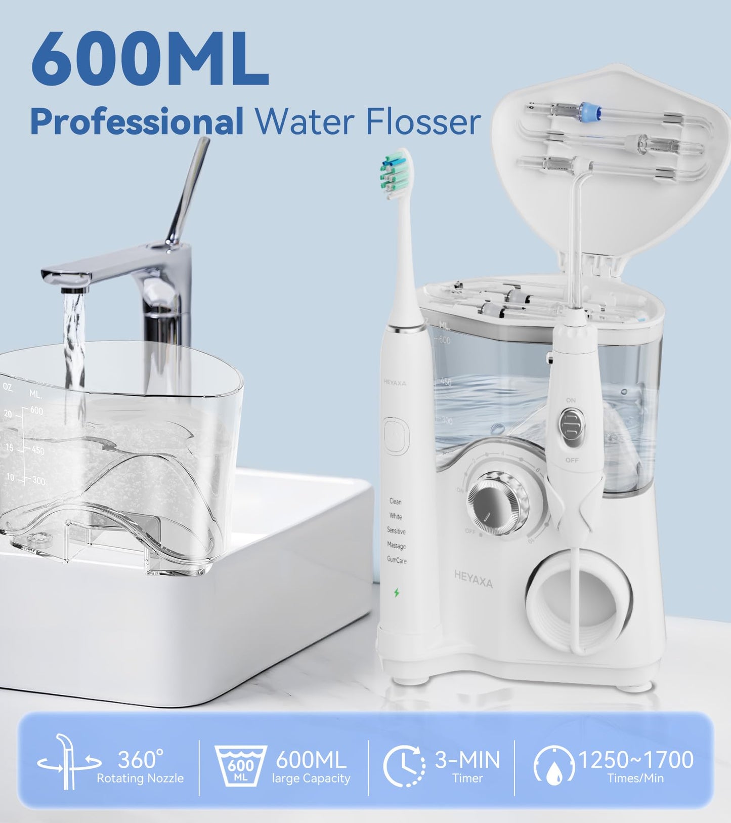 Water Flosser & Ultrasonic Electric Toothbrush Combo, 600ML Water Dental Flosser Toothbrush with 7 Jet Tips, 10 Adjustable Water Pressure, 5 Toothbrush Heads for Home Use, Gums, Braces (White)