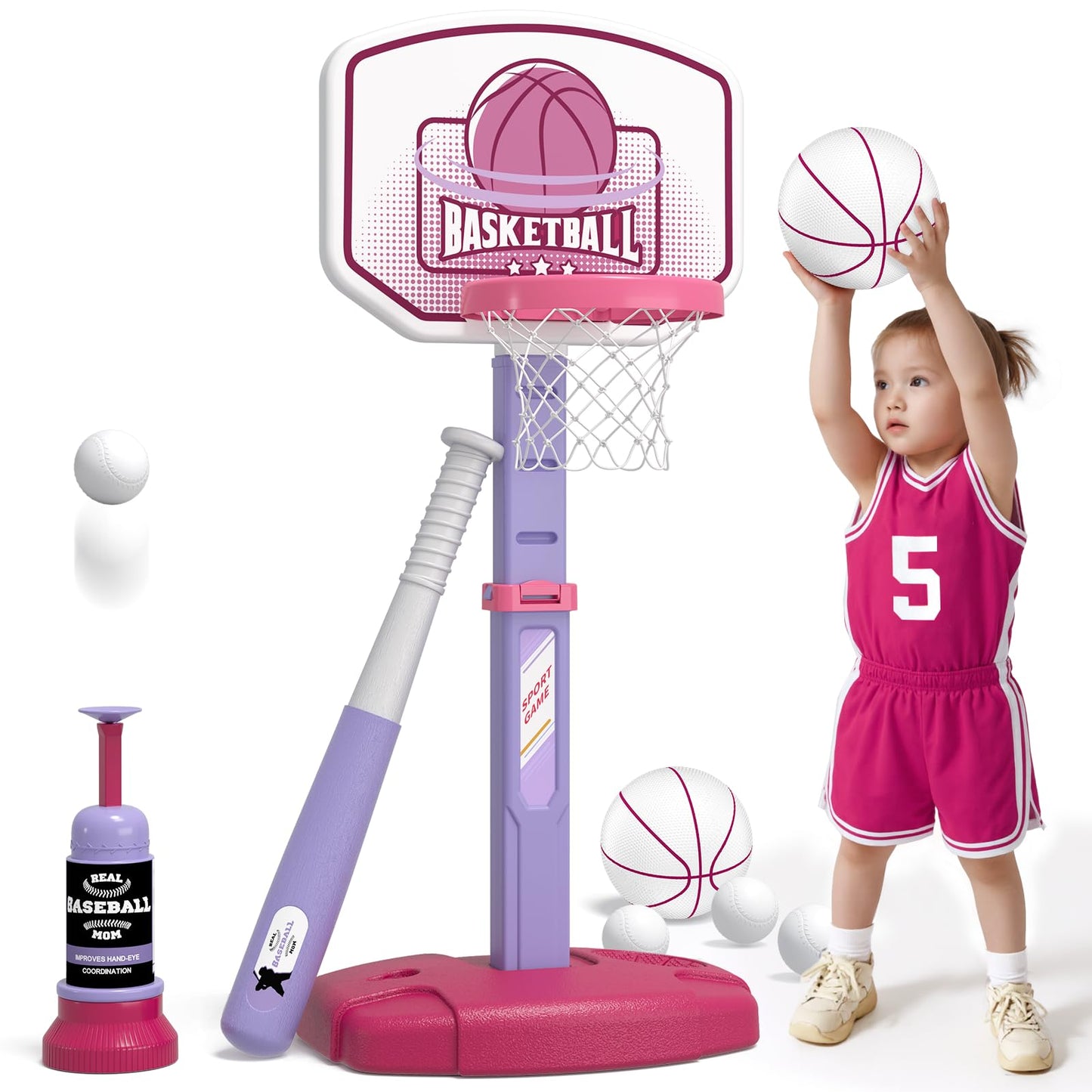 Wee Wonders 2 in 1 Toddler Basketball Hoop and T Ball Set with Automatic Pitching Machine - Adjustable Height, Kids Basketball Hoop Suit for Indoor/Outdoor, Sport Toys Gifts for Girls Age 3-8, Pink