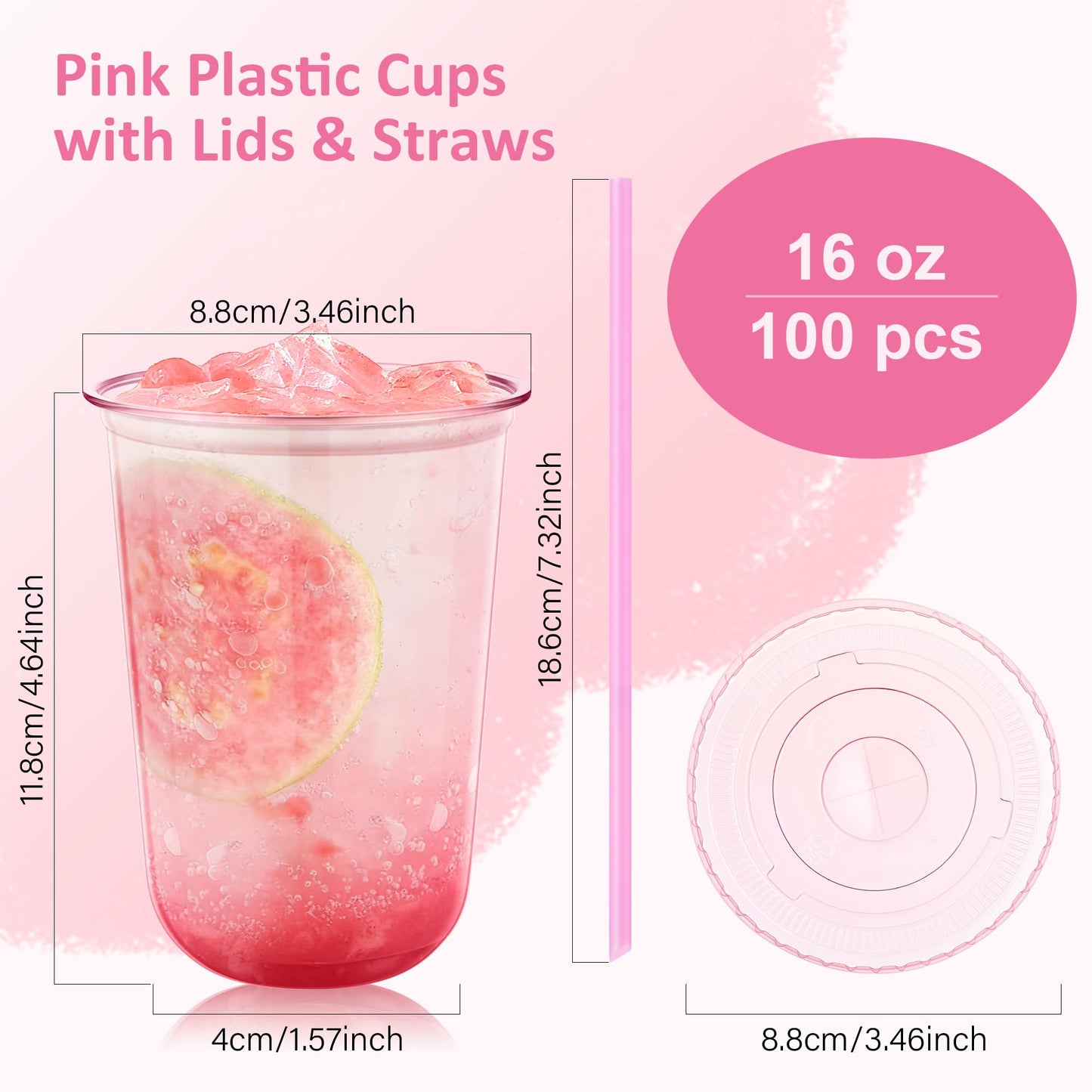 tchrules 100 Set 16oz Plastic Cups with Lids & Straws, Disposable Pink Clear Iced Coffee Cup with Lid, Round Bottom Plastic To Go Cups for Cold Drinks Slushie Smoothie Valentine Holiday Party Supplies