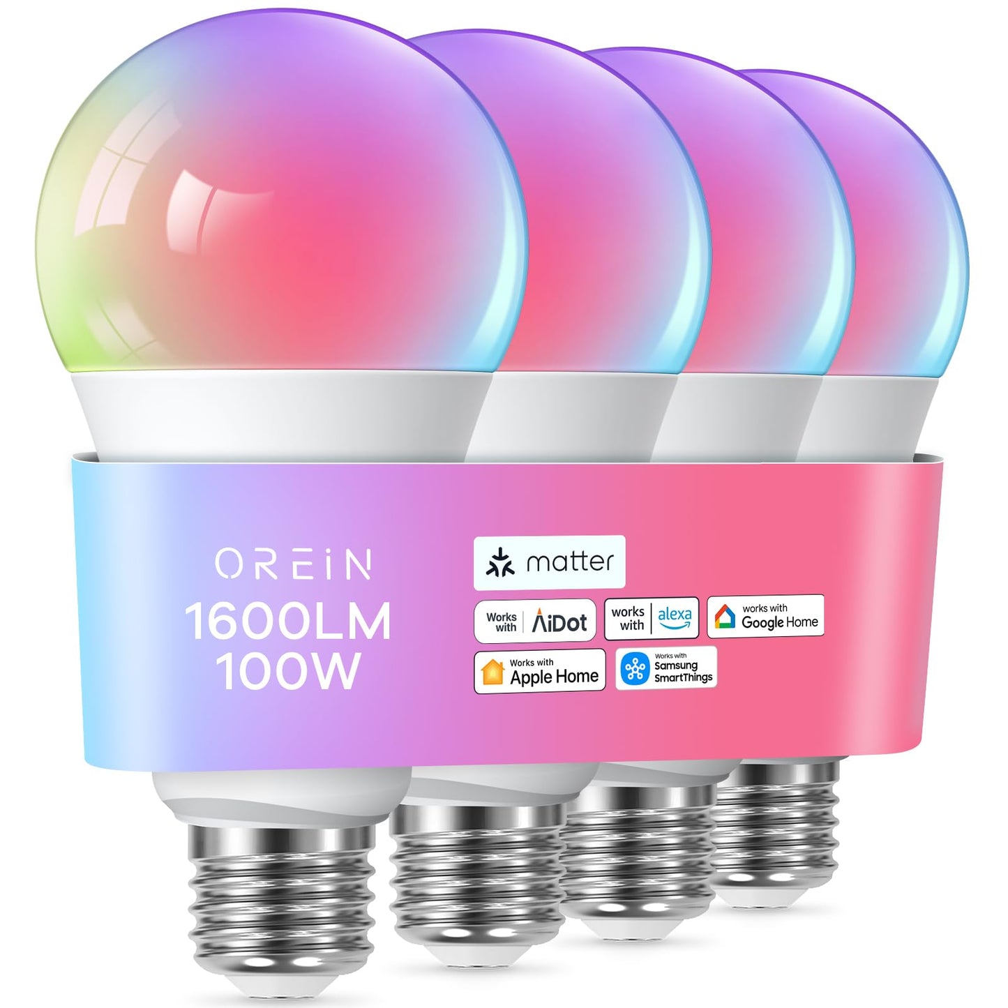 OREiN Matter Smart Light Bulb, 1600 Lumens 100W Equivalent Smart Light Bulbs, Color Changing Light Bulbs Work with Apple Home, Alexa, Google Home, SmartThings, A21 Smart Bulbs 2.4Ghz WiFi, 4Pack