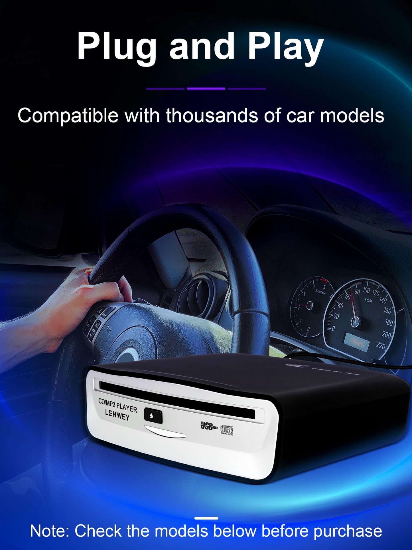 External Universal CD Player for Car - LEHWEY Portable CD Player with Extra USB Extension Cable, Plugs into Car USB Port, Laptop, TV, Mac, Computer, for Android 4.4 and Above Navigation