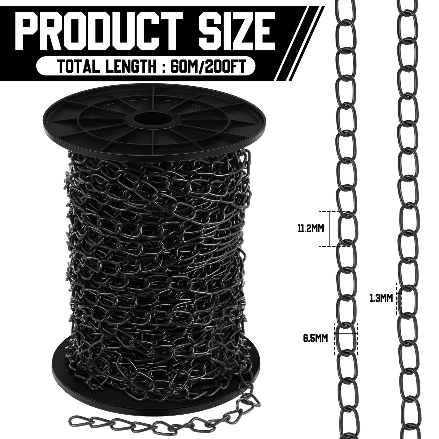 Yaocom 200 ft Galvanized Steel Hanging Jack Chain Black Metal Link Chain Roll Spool for Light Fixture,Bird Feeders,Overhead Lights, Artworks, Flowerpots(1.3mm)
