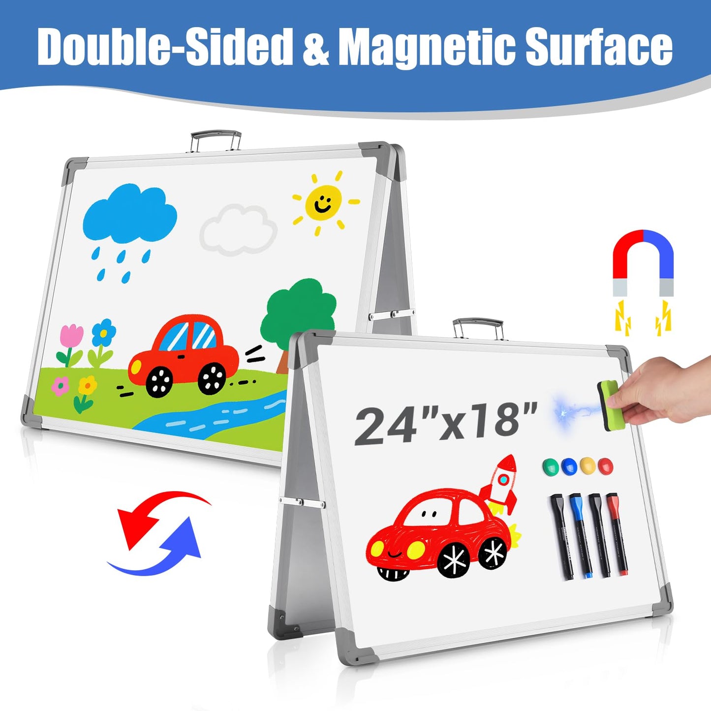 White Board Dry Erase 24" x 18", Magnetic Portable Foldable Whiteboard Double Sided Desktop Dry Erase Board Easel on Table Top with Holder for Classroom, Office, Homeschooling, School Supplies