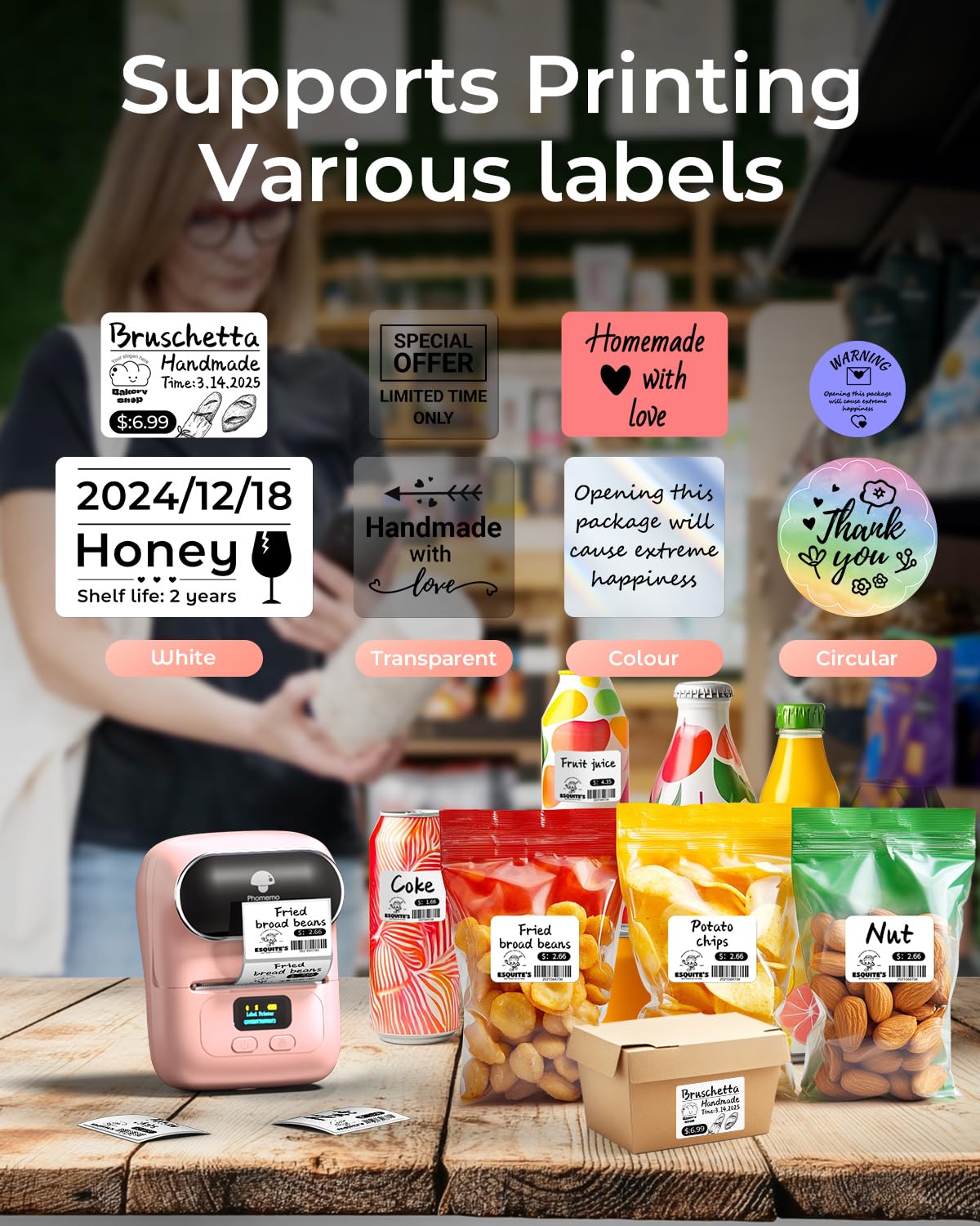 Phomemo M110 Label Maker Machine- with 3 Label Bluetooth Label Maker for for Business Labeling, Barcode, Office, Cable, Retail, with Fonts Choose, Icons, Templates, Pink