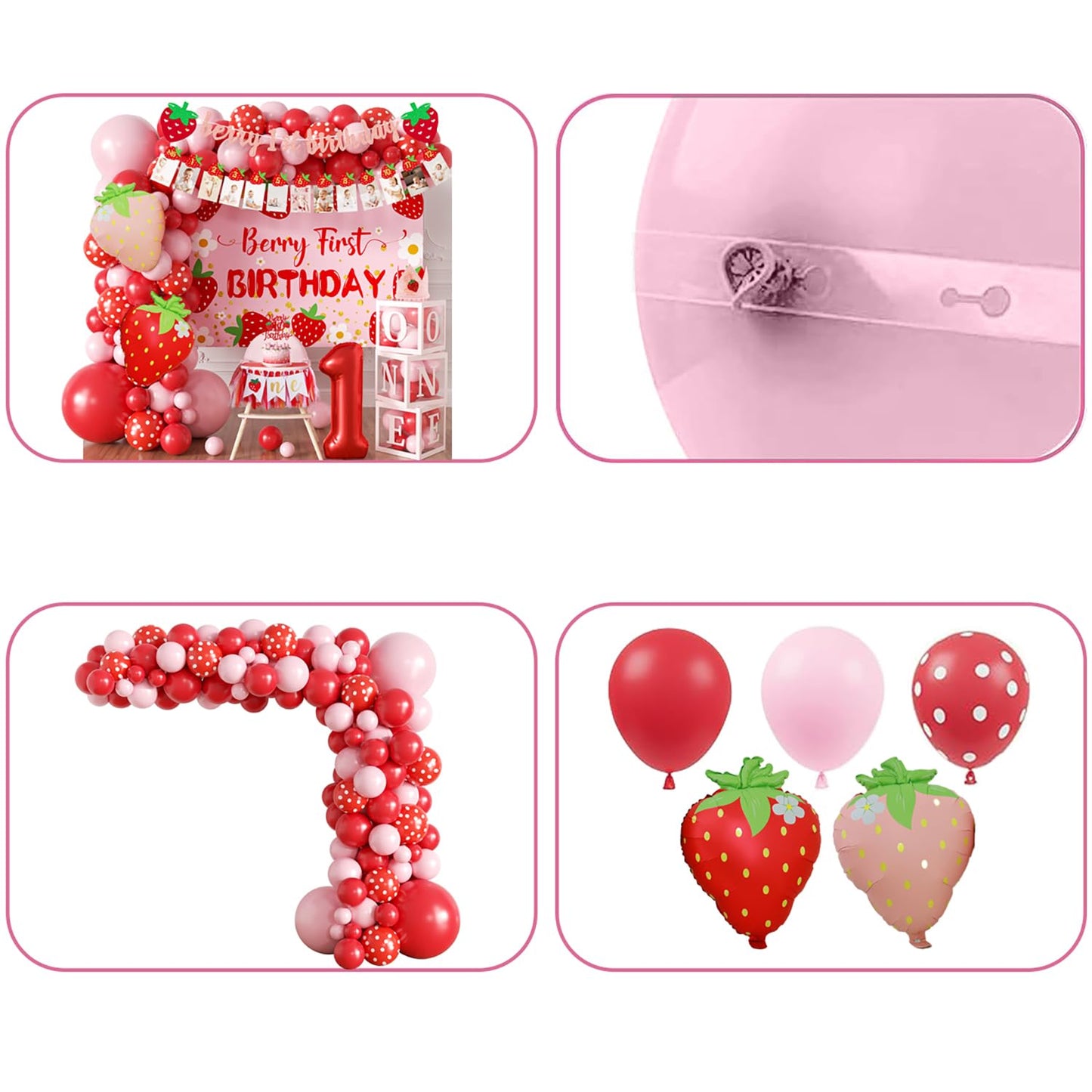 Berry Baby Girl 1st Birthday Decor, Strawberry First Birthday Decorations for Girls with Balloon Arch, Party Backdrop, High Chair Banner, Crown, Photo Banners, Cake Topper
