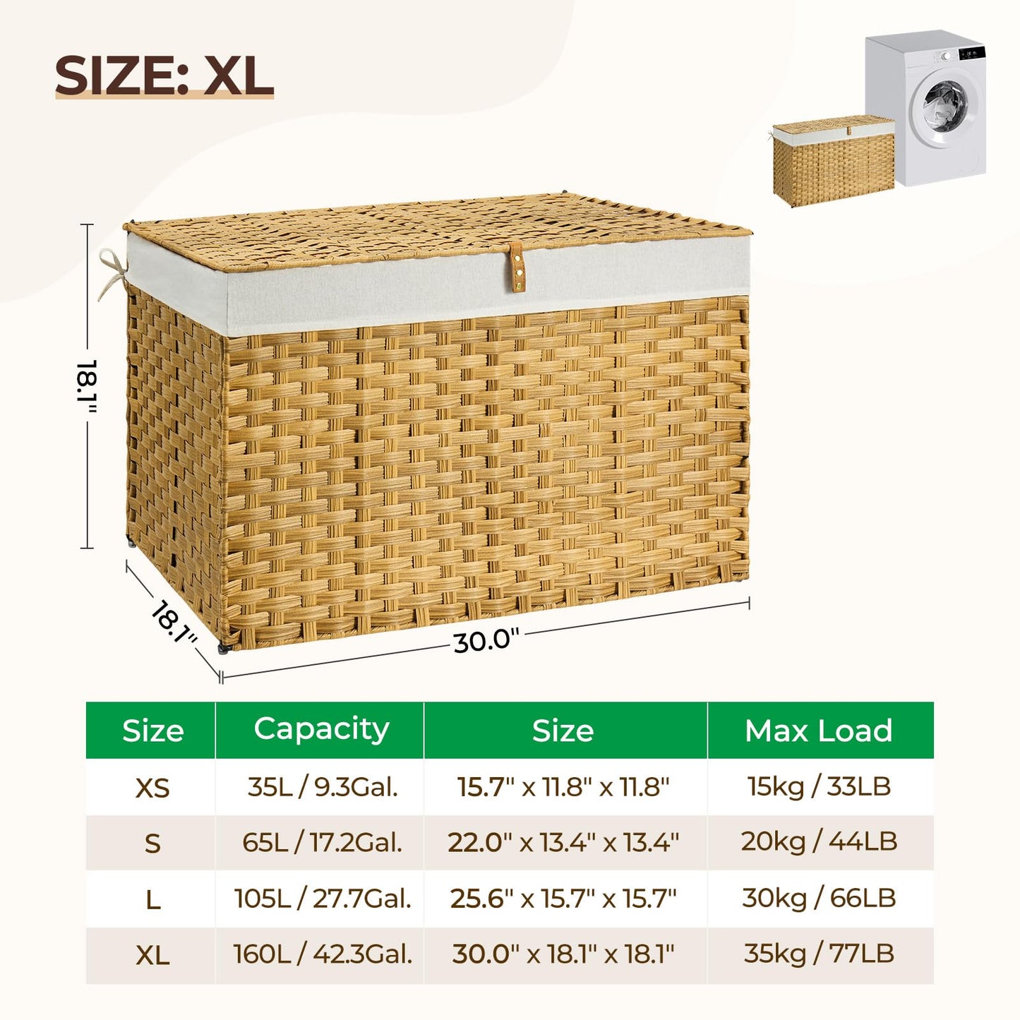 GREENSTELL Storage Basket with Lid, 42.3 Gallon(160L) Lagre Wicker Blanket Storage Basket with Handles, Foldable, 2 Removable Liner Bags, Metal Frame, for Bedroom, Laundry Room, Brown,30"*18.1"*18.1"