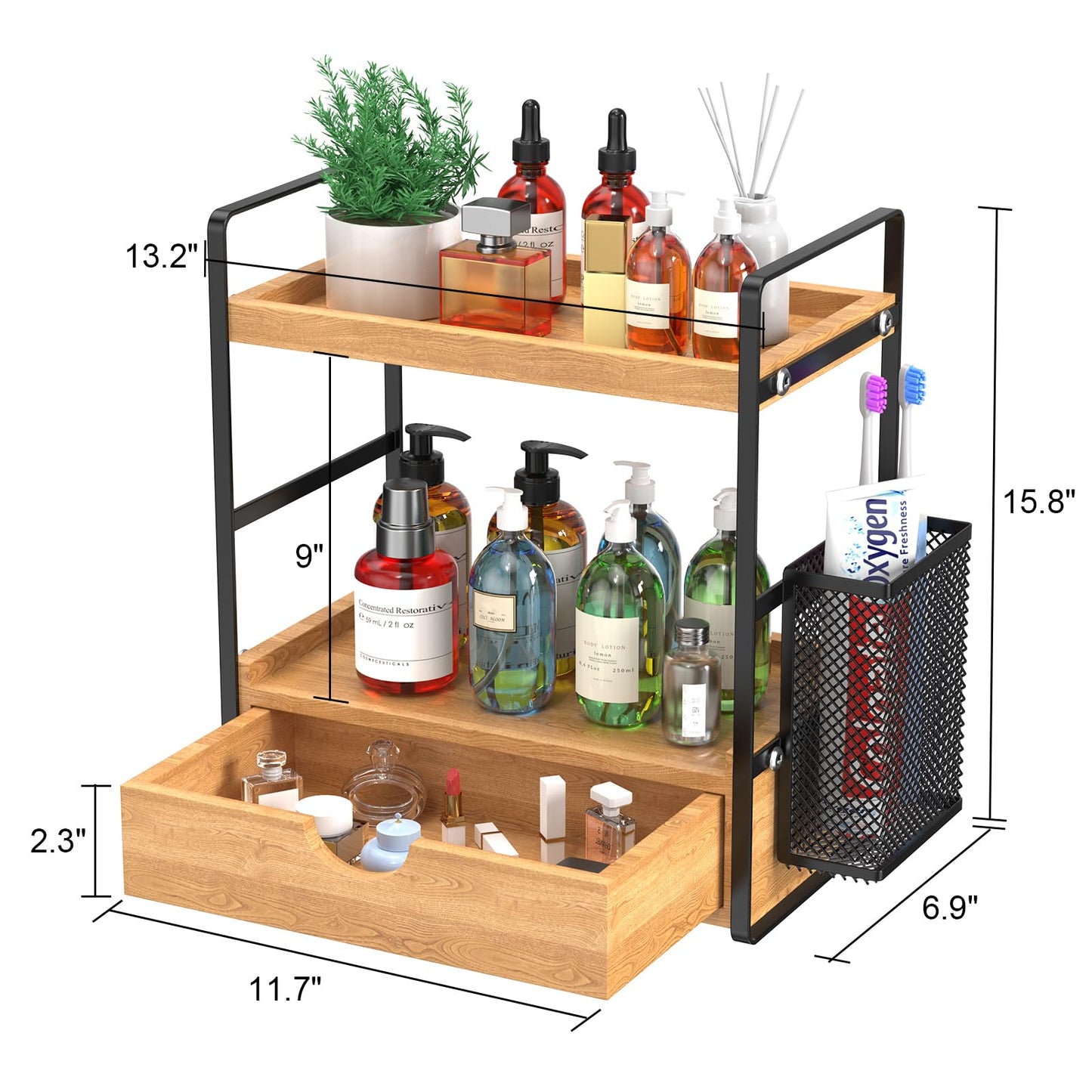 LEMIKKLE Bathroom Counter Organizer with Drawer and Basket,Wood Countertop Organizer for Bathroom Decor Makeup Tray for Perfume Skincare Bedroom Kitchen Corner