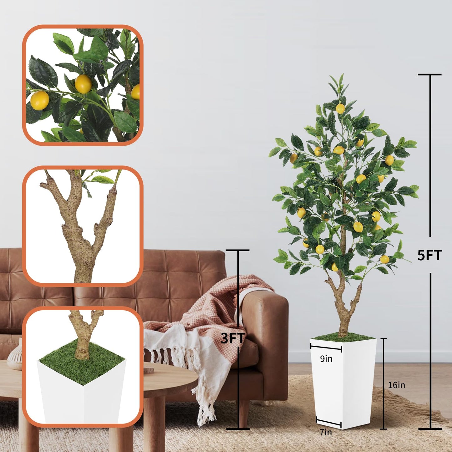 PHYTREE 5FT Artificial Lemon Tree with Pot - 60" Fake Lemon Tree with White Tall Planter, Faux Lemon Plant with Realistic Fruits and Silk Leaves, Artificial Plants Indoor for Home Office Kitchen Decor