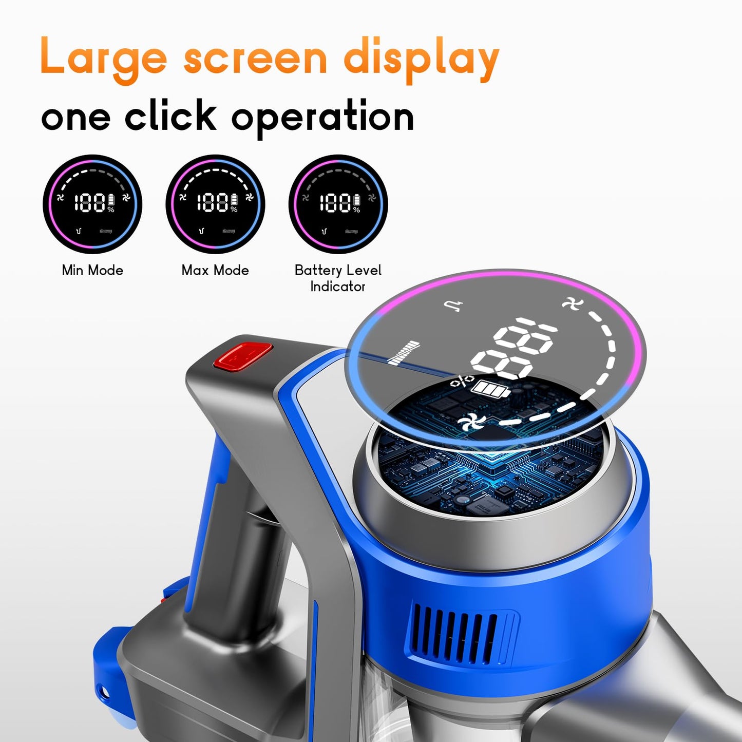 BSNAW Cordless Stick Vacuum Cleaner - Rechargeable, 35Kpa Powerful Vacuums with Detachable Battery, LED Display, 45Mins Runtime, 8 in 1 Handheld Vacuum for Hardfloor & Carpets Pet Hair, Blue