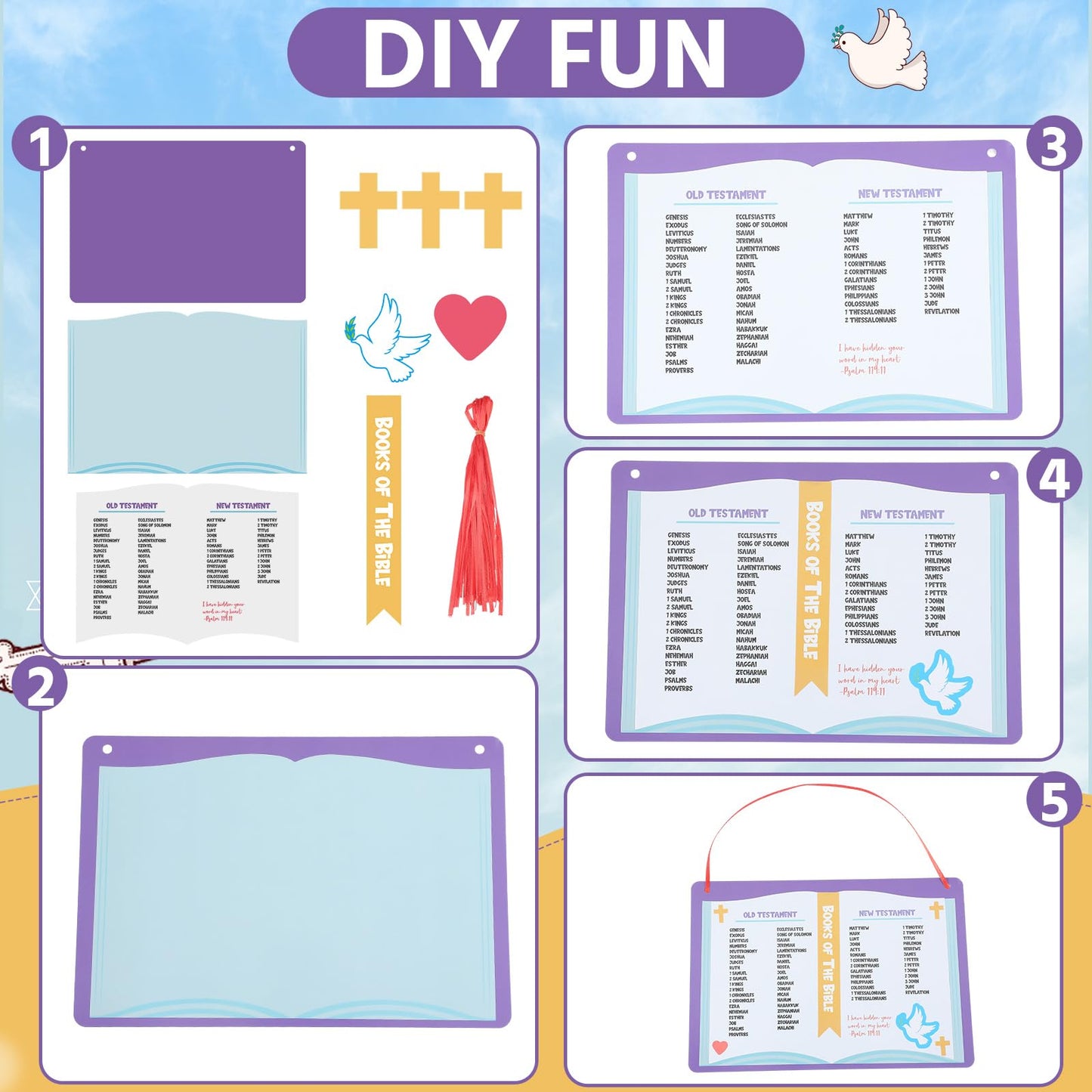 Motipuns 24 Sets Books of The Bible Craft Kit for Kids Religious Sunday School Crafts Christian Bible DIY Sticker Hanging Ornament for Classroom VBS Church Activities