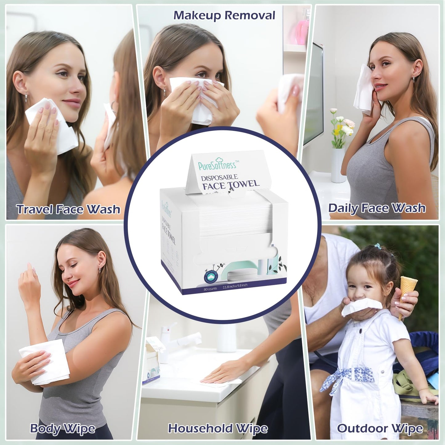 PureSoftness Disposable Face Towel, 100% Cotton, Extra Large 12" x 10", Soft Dry Wipe Face Wash, Makeup Remover, Biodegradable Towelette for Sensitive Skin 320 Count (4 Pack)
