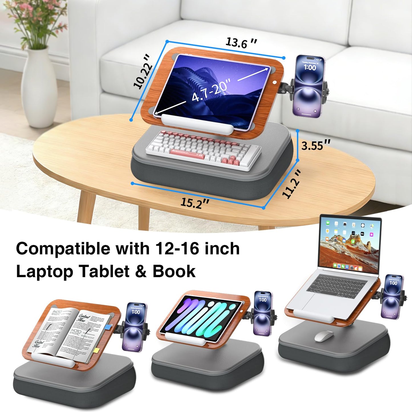 V-Hold Height & Angle Adjustable Laptop Lap Desk, Laptop Desk with Cushion, Fits up to 16 inch Laptops & Tablet, Bean Bag Pillow Stand, Lap Desks for Home, Office, Bed, Couch, Desk, Car and Recline
