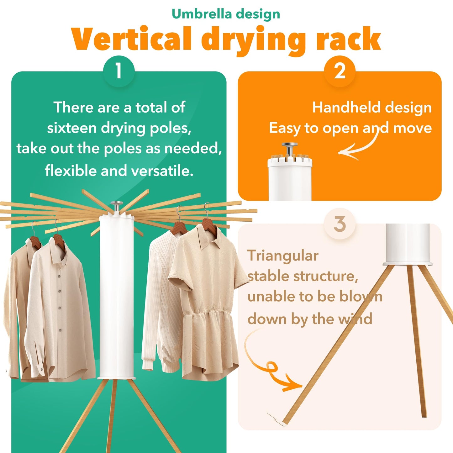 BAZANADI Heavy-Duty Wooden Tripod Clothes Drying Rack, 16 Rods, Large Capacity, 360° Airflow Umbrella Dryer, Foldable Space-Saving Floor Stand for Indoor Outdoor Use