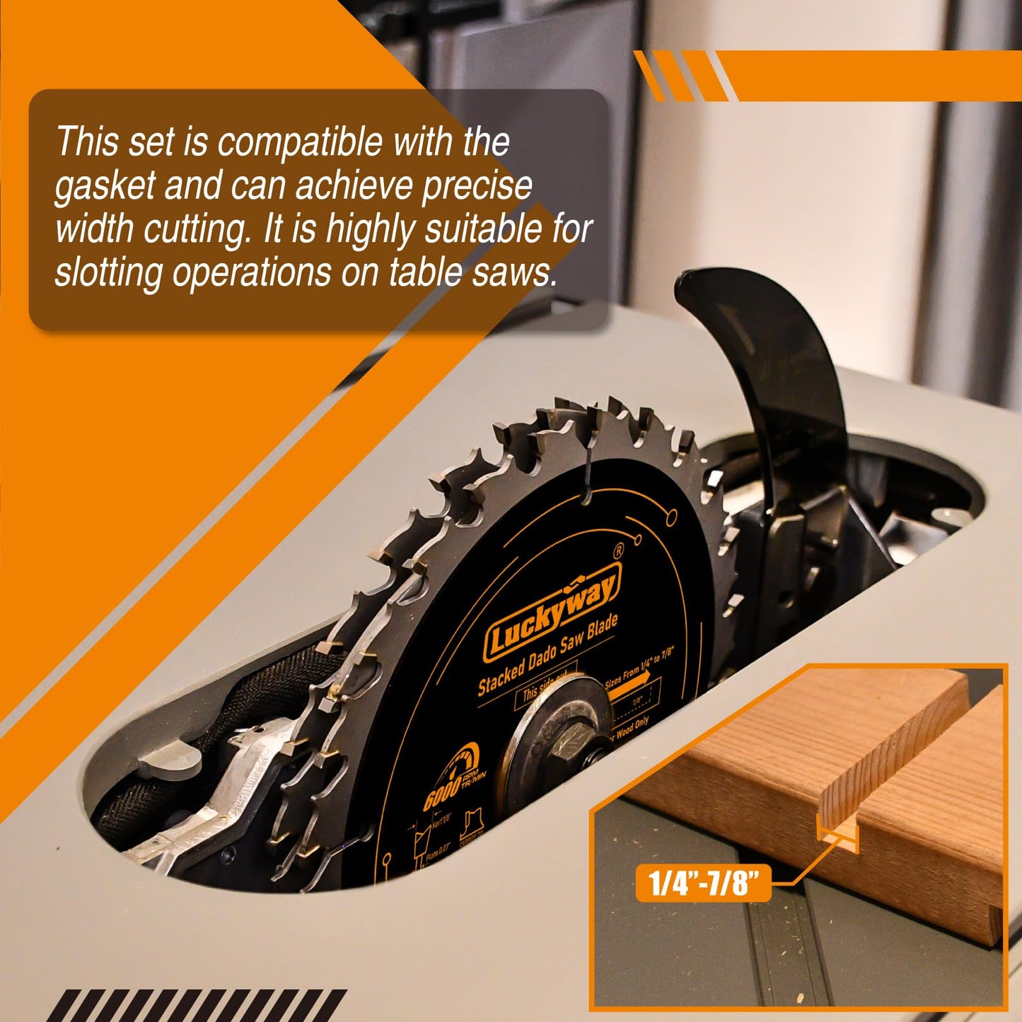 Luckyway Dado Blade Set, 8 Inch Stacked Dado Blades for 10" Table Saw 24 Carbide Tip Tooth with 5/8 Inch Arbor, Cutting Width from 1/4" to 7/8" in 1/16"- 15 Pieces