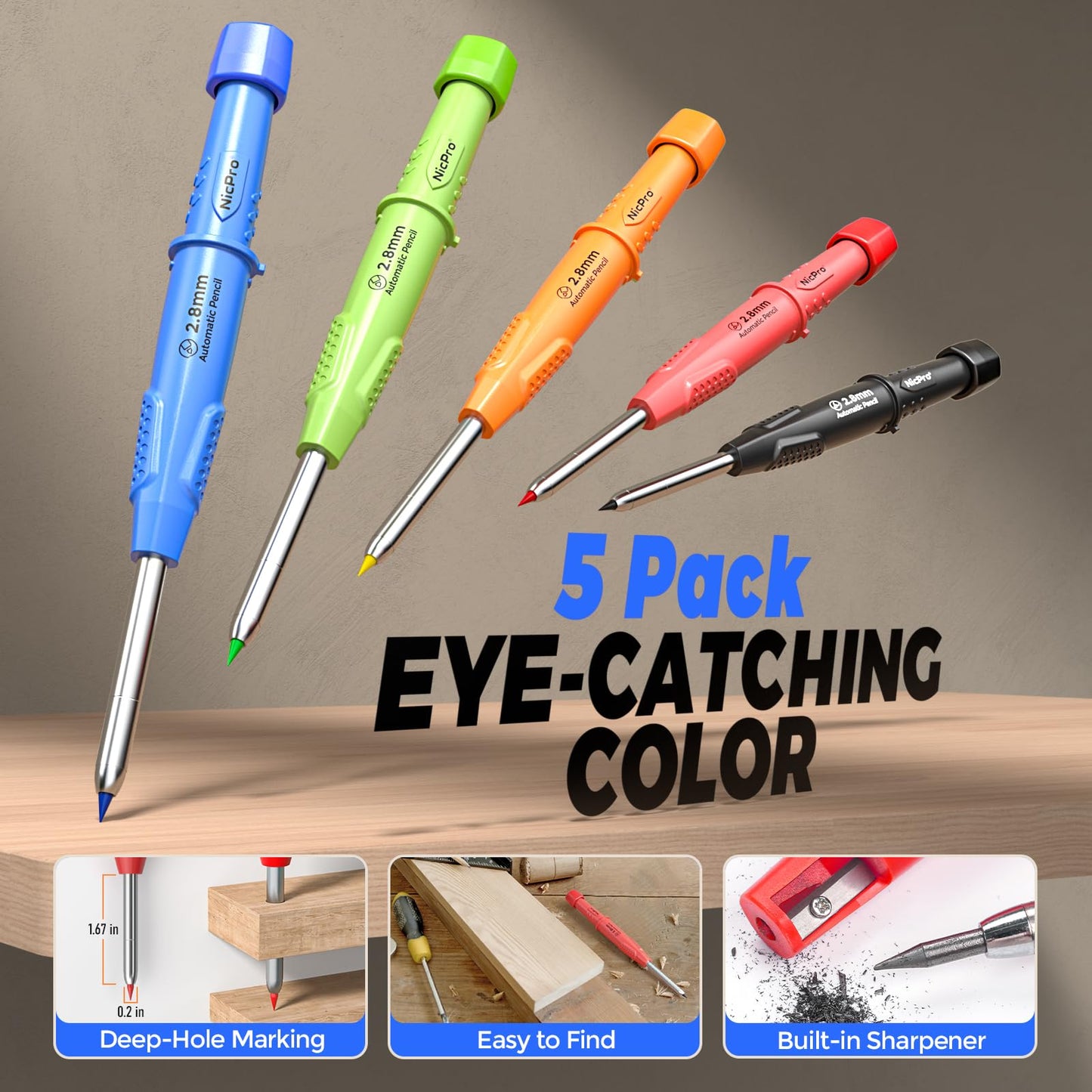 Nicpro 44 Pack CP3000 Carpenter Pencils with Sharpener, Mechanical Carpenter Pencil set with 169PCS Refills, Long Nib Marker Pens, Carbide Scribe Tool & Construction Pencils for Architect Woodworking