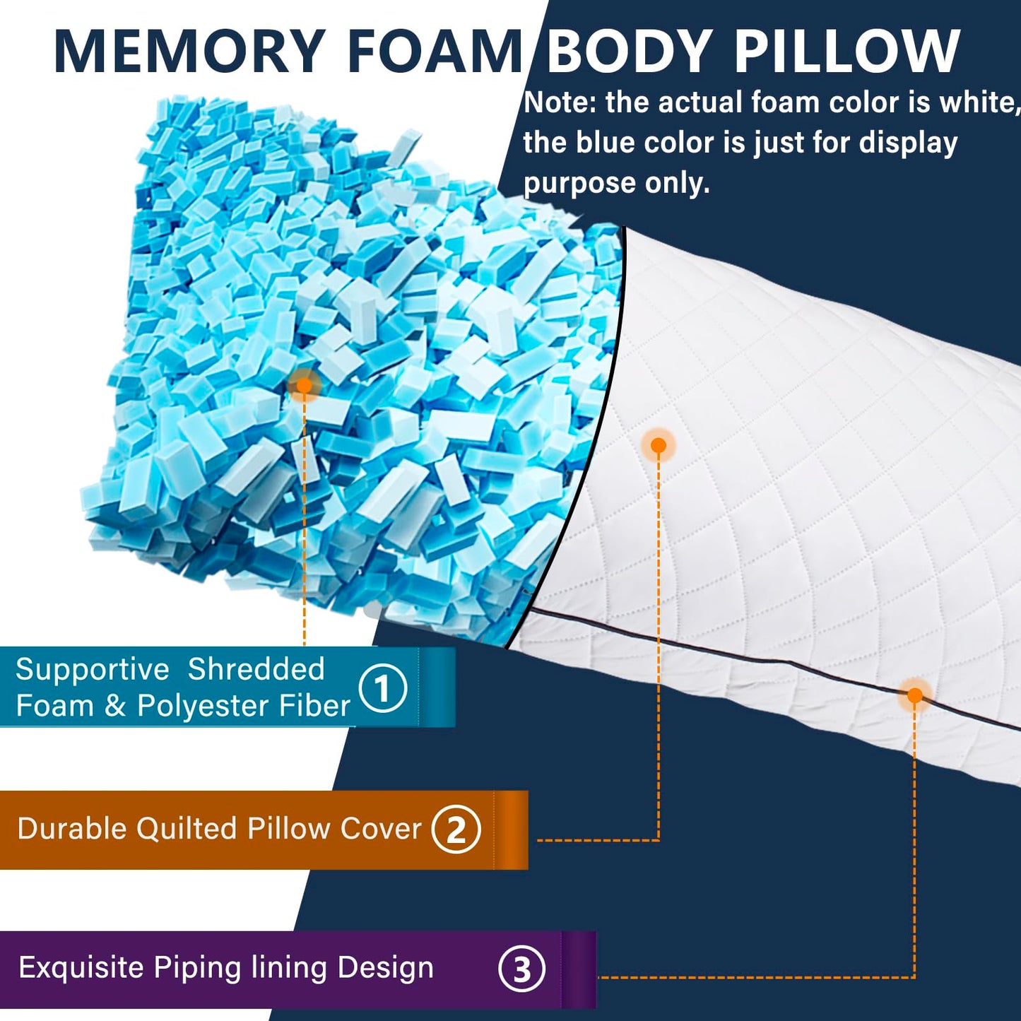 1 MIDDLE ONE Body Pillow, Memory Foam Body Pillows for Adults Sleeping, Long Pillow for Bed, Big Large Firm Full Body Pillow for Side Sleeper, 20x60 Inch (White)