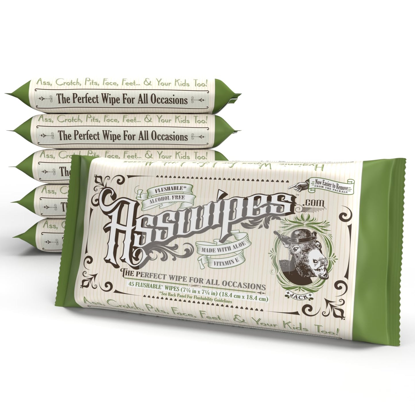 Asswipes Flushable 270 Wipes for Adults Personal Cleansing Body, Bathroom & Butt Wipes for Men, Women with Aloe and Vitamin E - Made without Alcohol or Fragrance (Pack of 6)