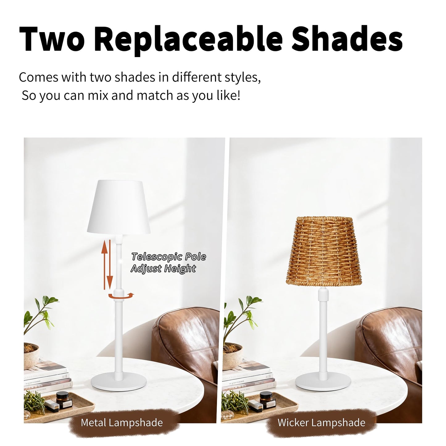 Mr.White Outdoor Waterproof Rechargeable Cordless Table Lamp with Telescopic Pole & Wicker Shade, 5200mAh Battery Operated Table Light with Touch Control, for Patio Restaurant Kitchen (White 2 Pack)