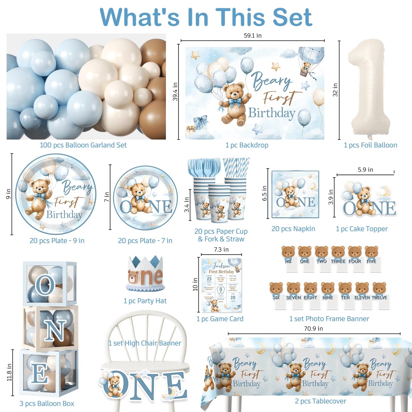 232 Pcs Beary First Birthday Decorations, Teddy Bear One Year Old Birthday Balloon Garland, Banners, Baby First Teddy Bear Backdrop, Plates and Napkin Set 2 Pcs Bear Tablecloth Blue Brown and White