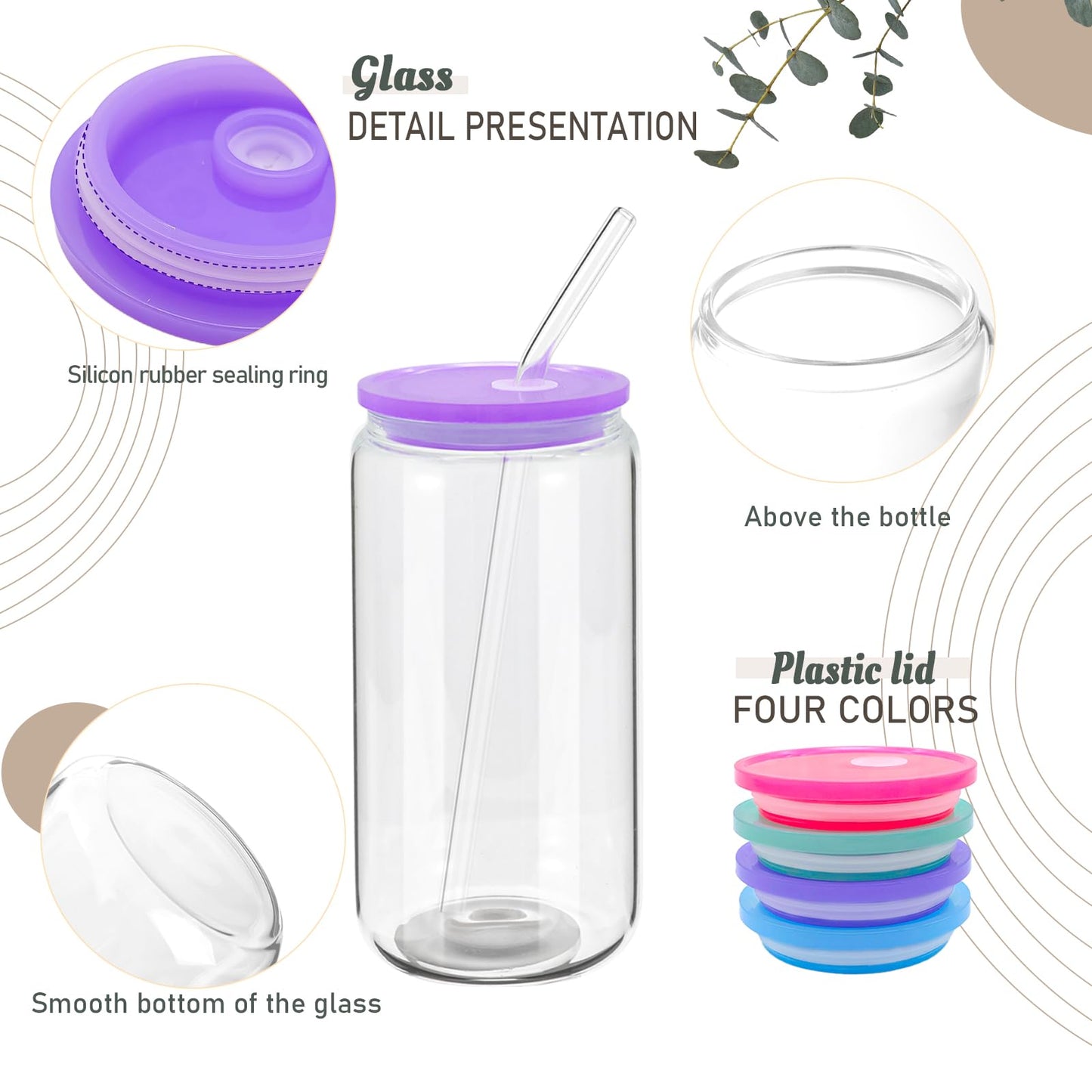 20 Pack Drinking Glass Cups with Acrylic Lids and Glass Straw Beer Can Shaped Drinking Glasses Cups, Glass Tumbler Reusable Cute Cups for Whiskey, Iced Coffee, Tea, Soda, Cocktail, Gift, Clear 16oz