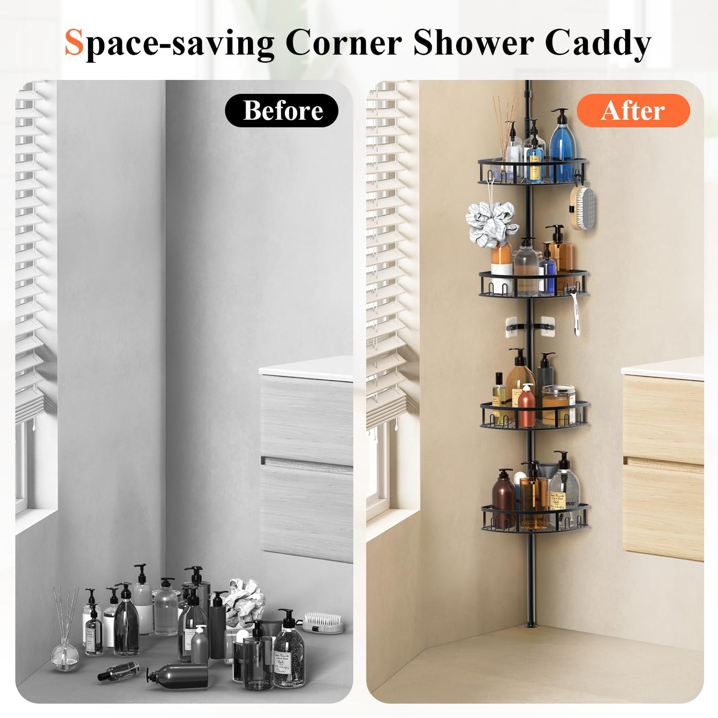 Peyulia 4-Tier Rustproof Corner Shower Caddy with Tension Pole, 42-115 Inch Adjustable Height Shower Organizer, Shower Shelves with Hooks, Freestanding Bathroom Organizer - Black