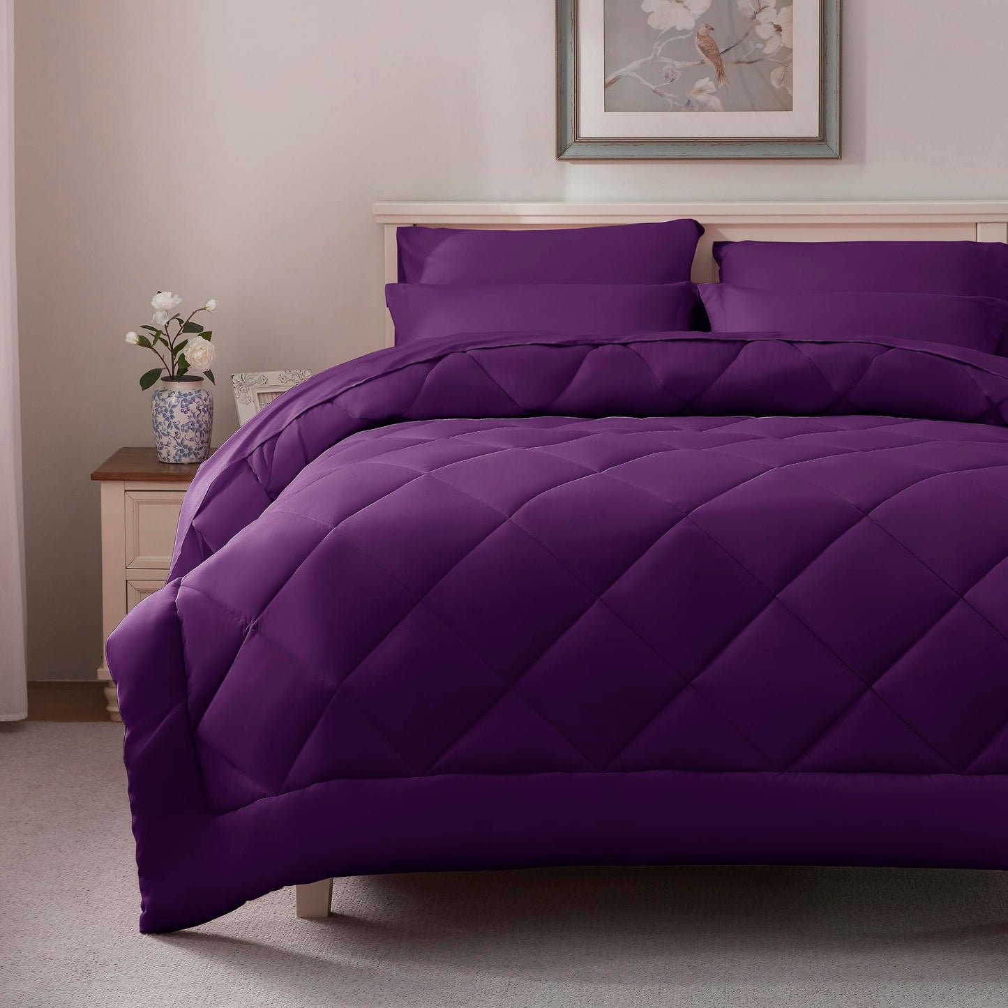 ELNIDO QUEEN® Purple Comforter Set Queen - 7 Pieces Bed in a Bag Queen Size, Bed Set for All Seasons, Ultra Soft Bedding Sets with Comforter, Flat Sheet, Fitted Sheet, Pillowcases and Pillow Shams