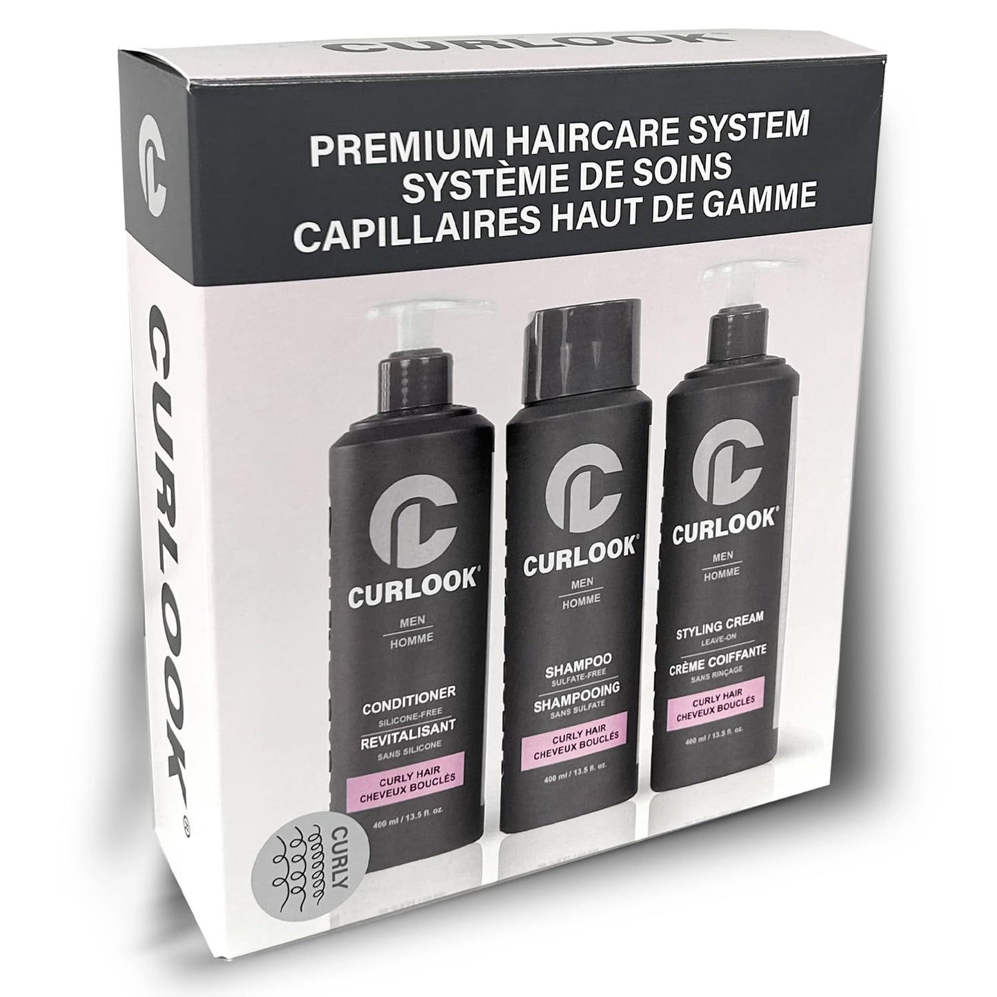 Curlook Curly Hair Package | Sulfate-Free, Silicone-Free Shampoo, Conditioner & Leave-In Styling Cream Set for Men | 400ml (13.5 oz) Each | Made in Canada Curly Hair Products | Pack of 3