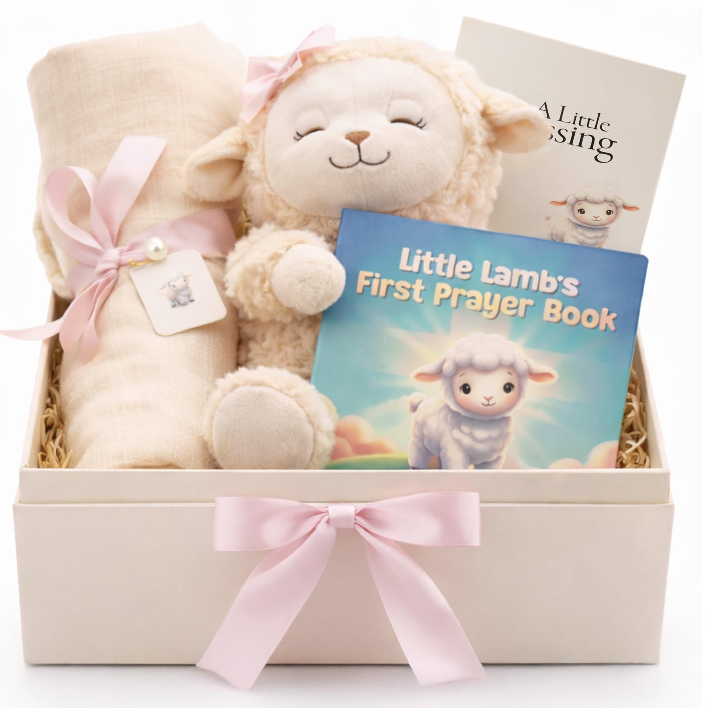 Highmark Collective Baptism Gift for Girl – Baptism Set with 10" Praying Lamb Plush Toy (Pink Bow), Bamboo Muslin Blanket & First Prayer Book, Ready to Gift Keepsake Box