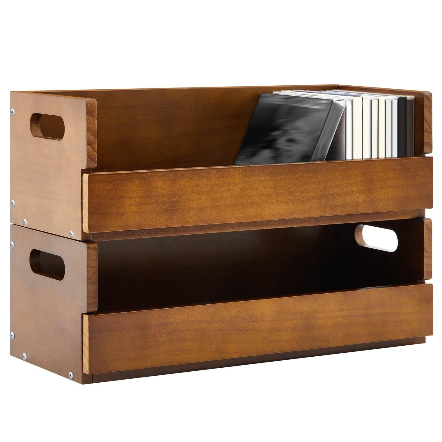 CroBlissful 2 Set Wooden CD Storage Box, Father's Gift for Dad, Cassette Tape Display Racks with Carrying Handles, Shelf for Movie Cases, DVDs, Each Set Store up to 36 Pcs CDs (Brown)