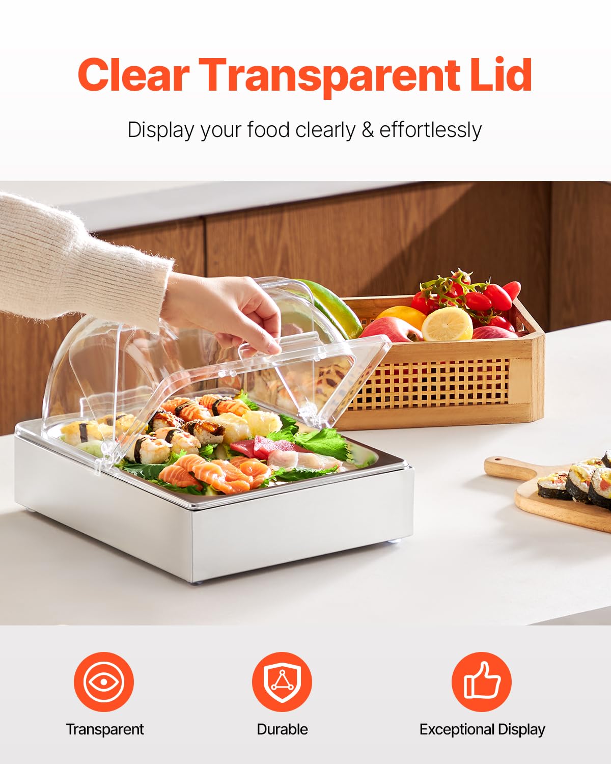 VEVOR Countertop Food Serving Display Container, 1 x 1/2 Pan Stainless Steel Food Serving Tray, Buffet Condiment Dispenser Display Rack with Clear Lid & Ice Tray, for Restaurant Hotel Kitchen Party