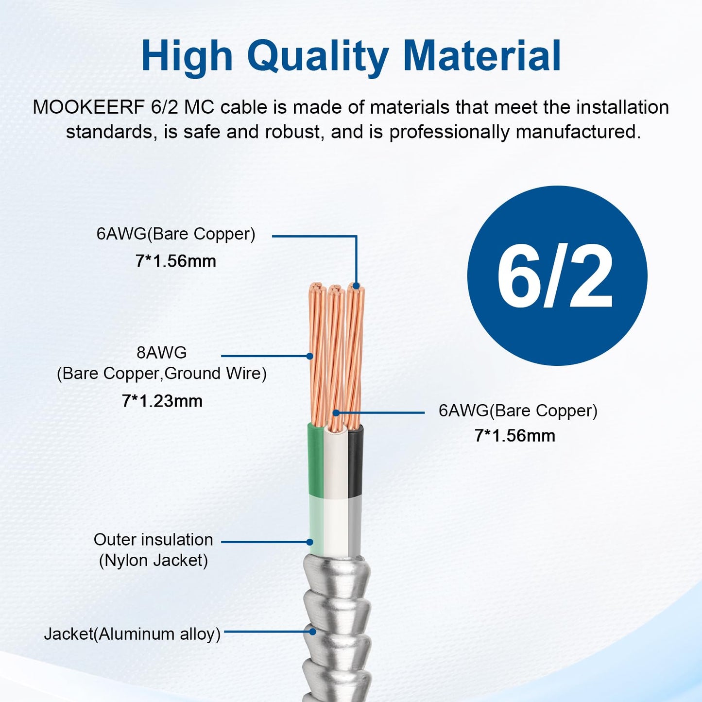 6/2 MC Cable with Ground - 25FT Pure Copper 6AWG/2 Metal Clad Wire with Aluminum Armor 6 Gauge 2 Conductor Type MC Alum Cable
