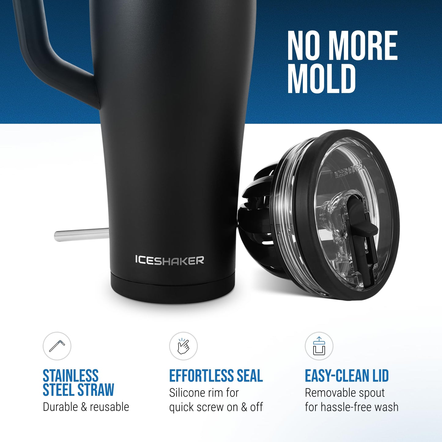 Ice Shaker 40 oz Tumbler with Handle and Straw | 40oz Black | Cold for 30+ Hours | 2-in-1 Tumbler Shaker Bottle | Odor-Free 40 ounce Bottle for Water, Protein Shakes, Smoothies, Cocktails