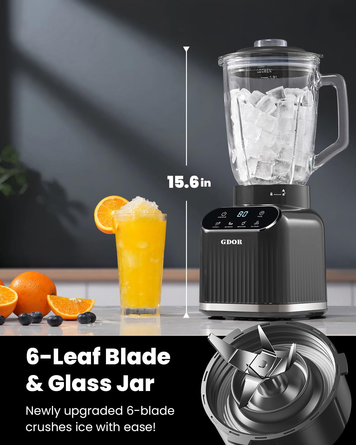 GDOR Professional Blender for Kitchen, 1200 Peak Watts Smoothie Blender, 5 Functions for Ice Crushing & Frozen Fruit, 52 Oz Glass Jar & 24 Oz To-Go Cup Combo, Self-Cleaning, Gray
