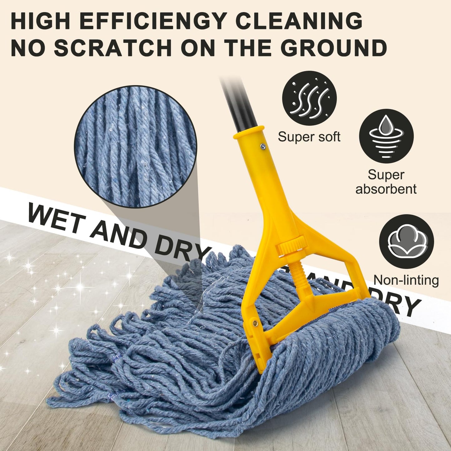 Commercial Industrial Mop with 3 Extra Large Reusable Replacement Head,59" Long Handle Heavy Duty Wet Mops,Looped-End String Cotton Mop for Floor Cleaning,House,Kitchen,Office,Garage,Tile(Yellow)