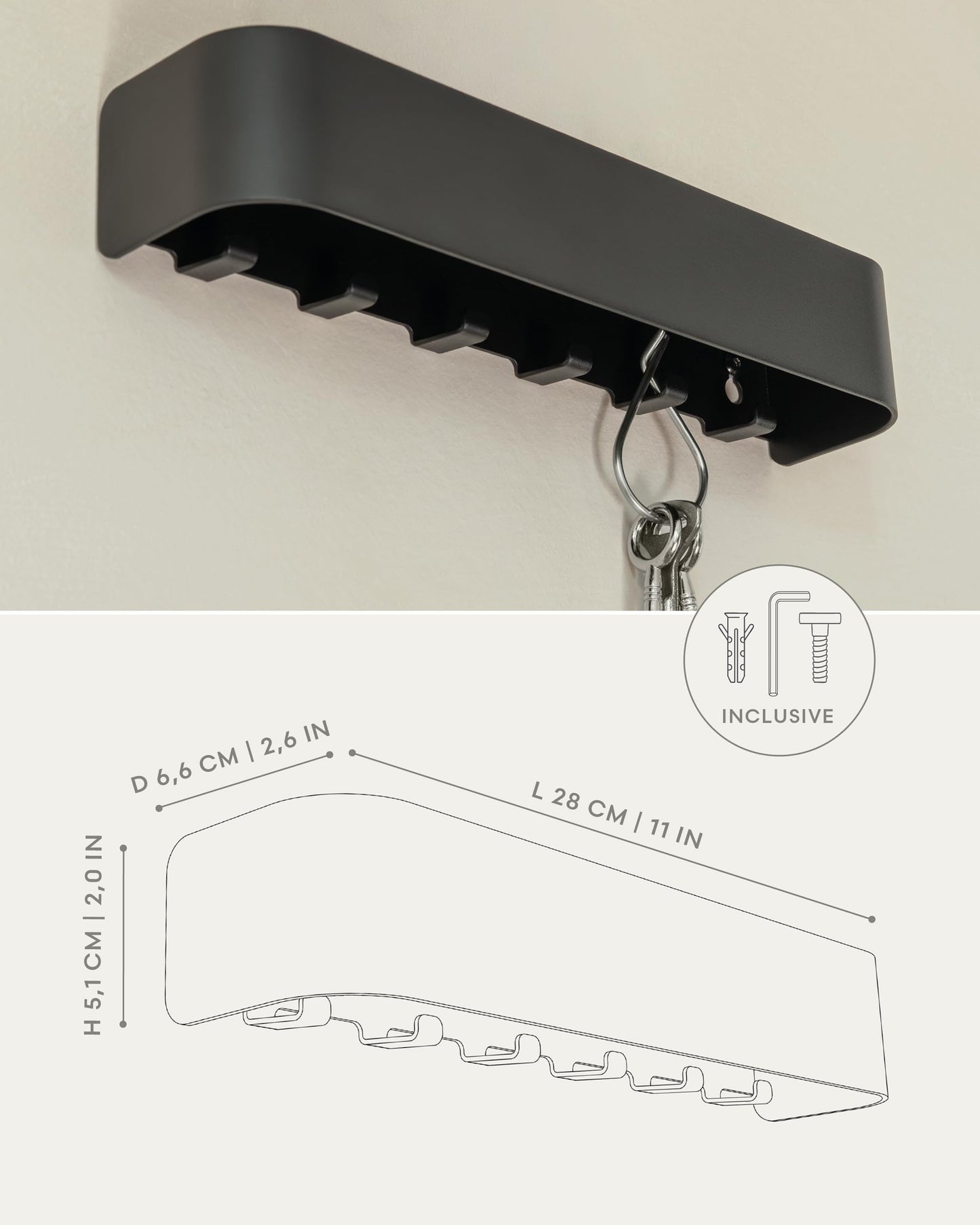 Kazai. Key Holder for Wall 'Tone' | Minimalist Key Hooks Design from Berlin | Modern Key Hanger with Metal Shelf | Key Hook Wall Mounted as Hallway Furniture | Black